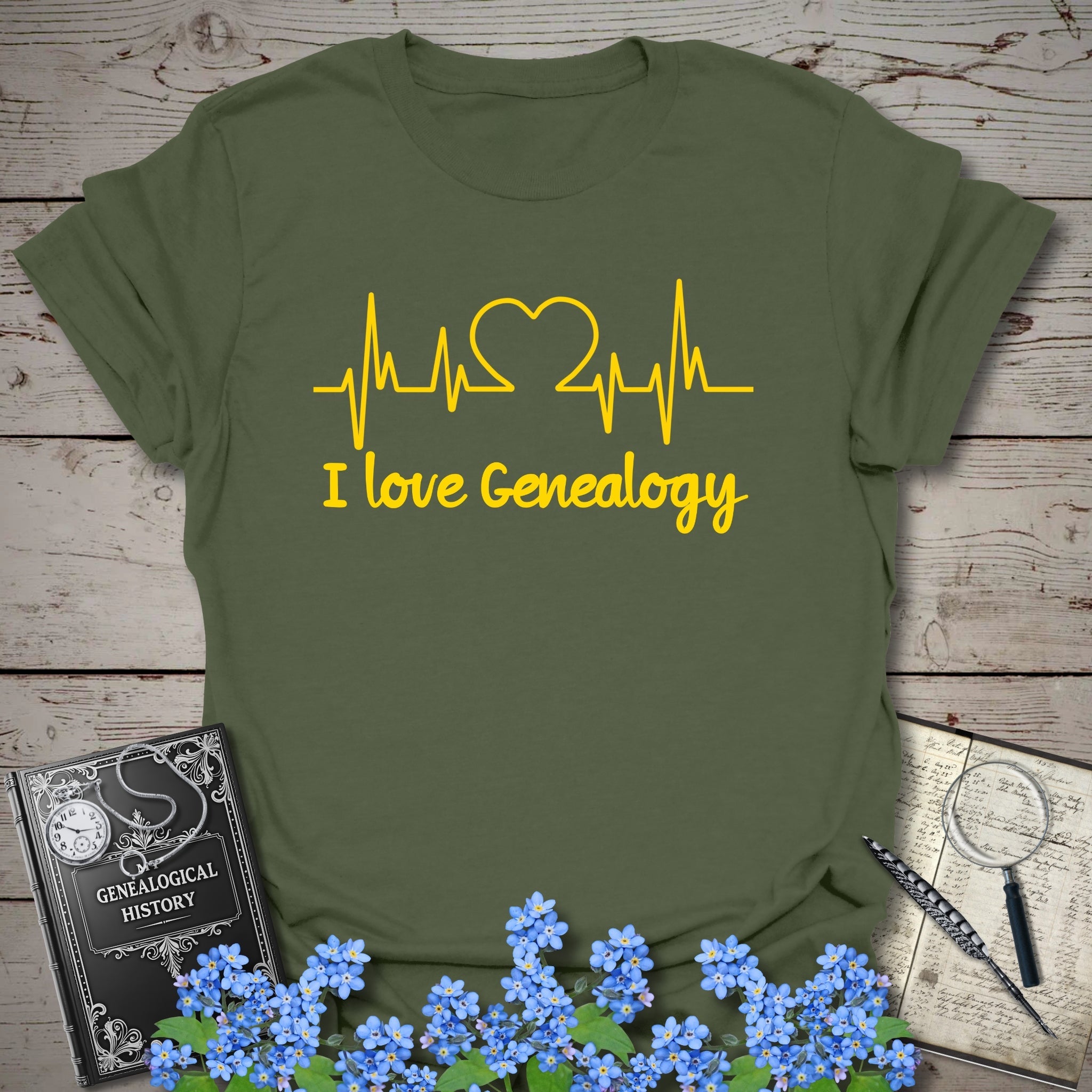 I Love Genealogy T-Shirt in Military Green by Genealogy Keepsakes