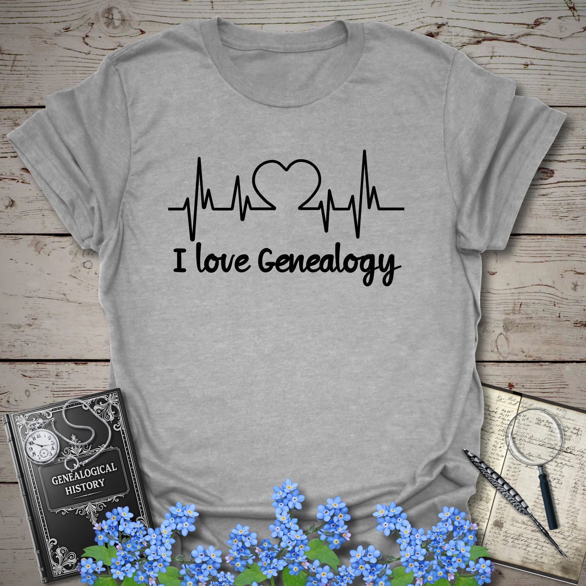 I Love Genealogy T-Shirt in Sport Grey by Genealogy Keepsakes