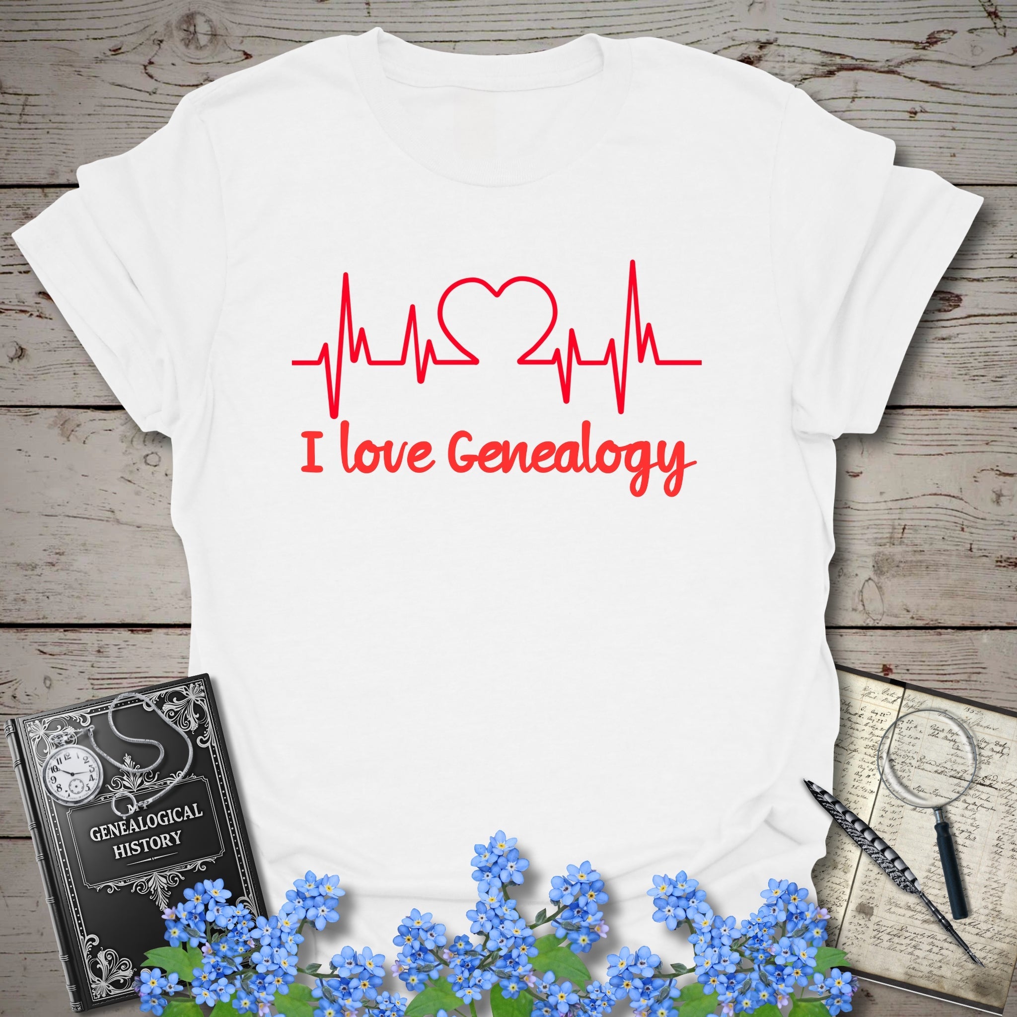 I Love Genealogy T-Shirt in White by Genealogy Keepsakes