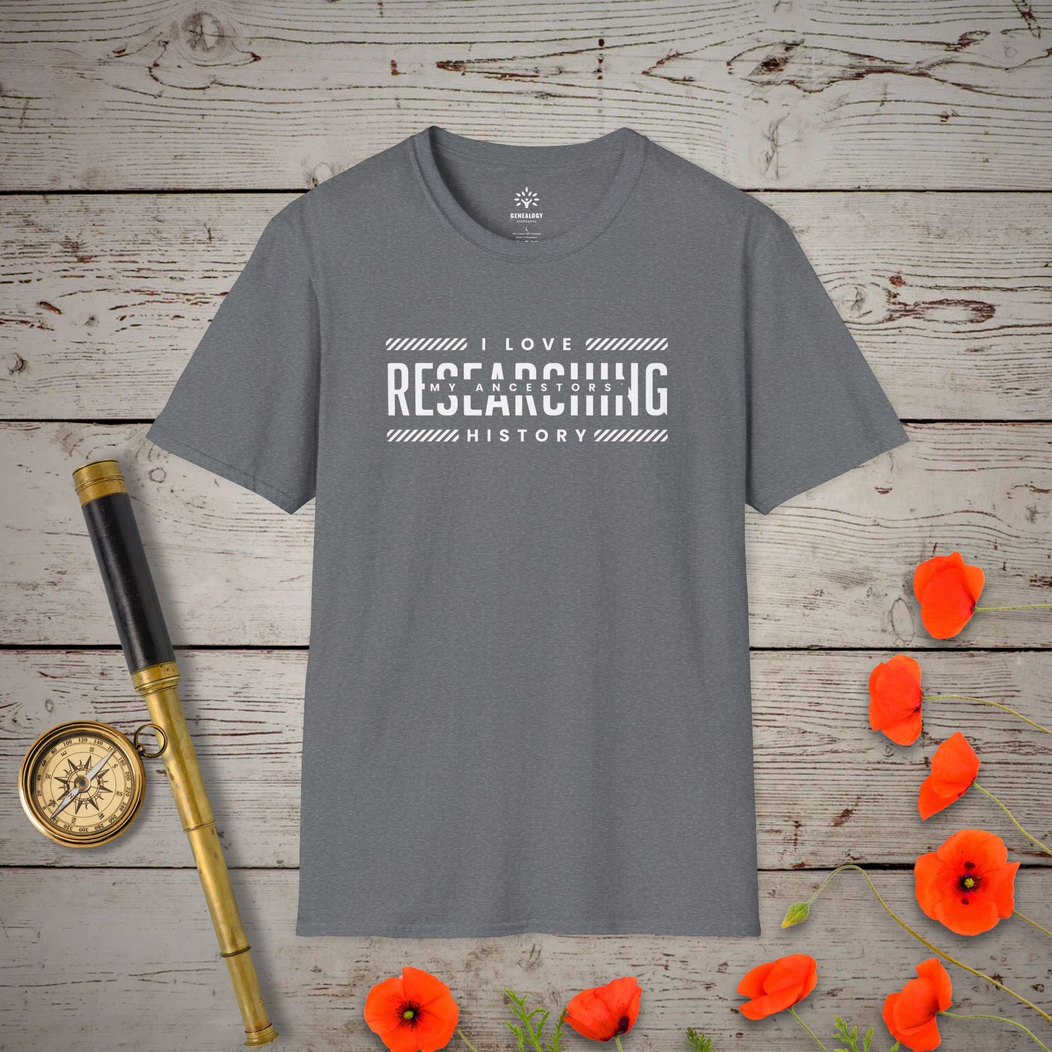 I Love Researching T-Shirt in Graphite Heather by Genealogy Keepsakes