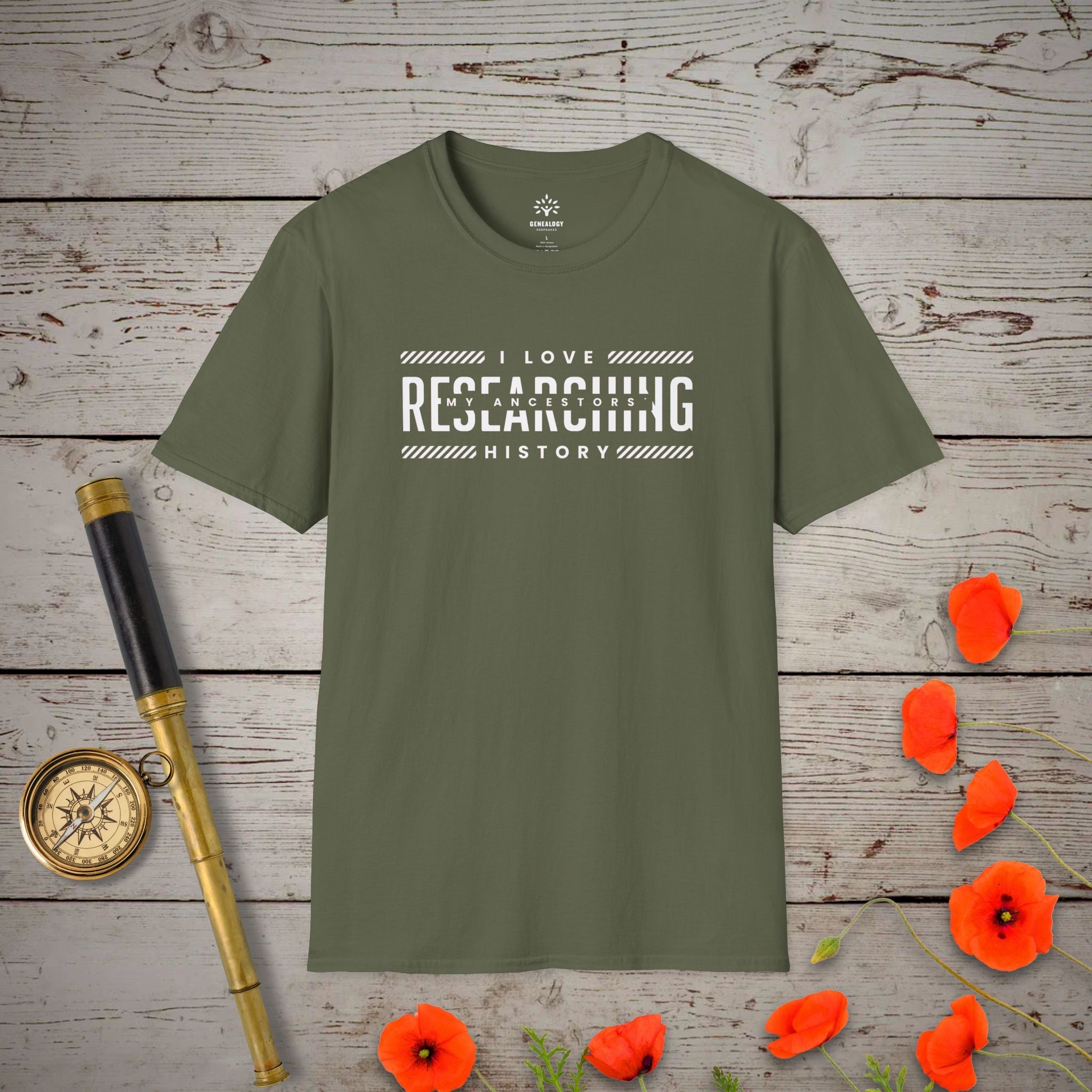 I Love Researching T-Shirt in Military Green by Genealogy Keepsakes