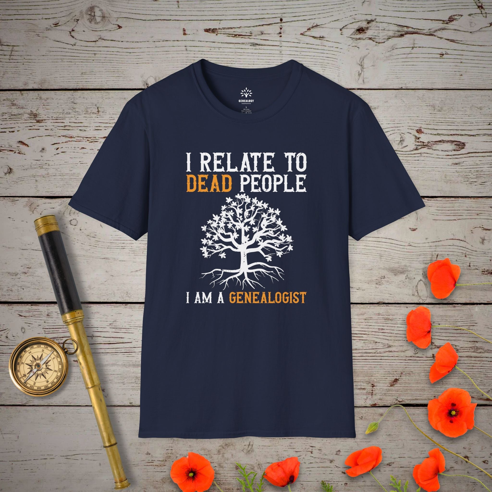 "I Relate to Dead People" Genealogy Enthusiast T-Shirt in Navy by Genealogy Keepsakes