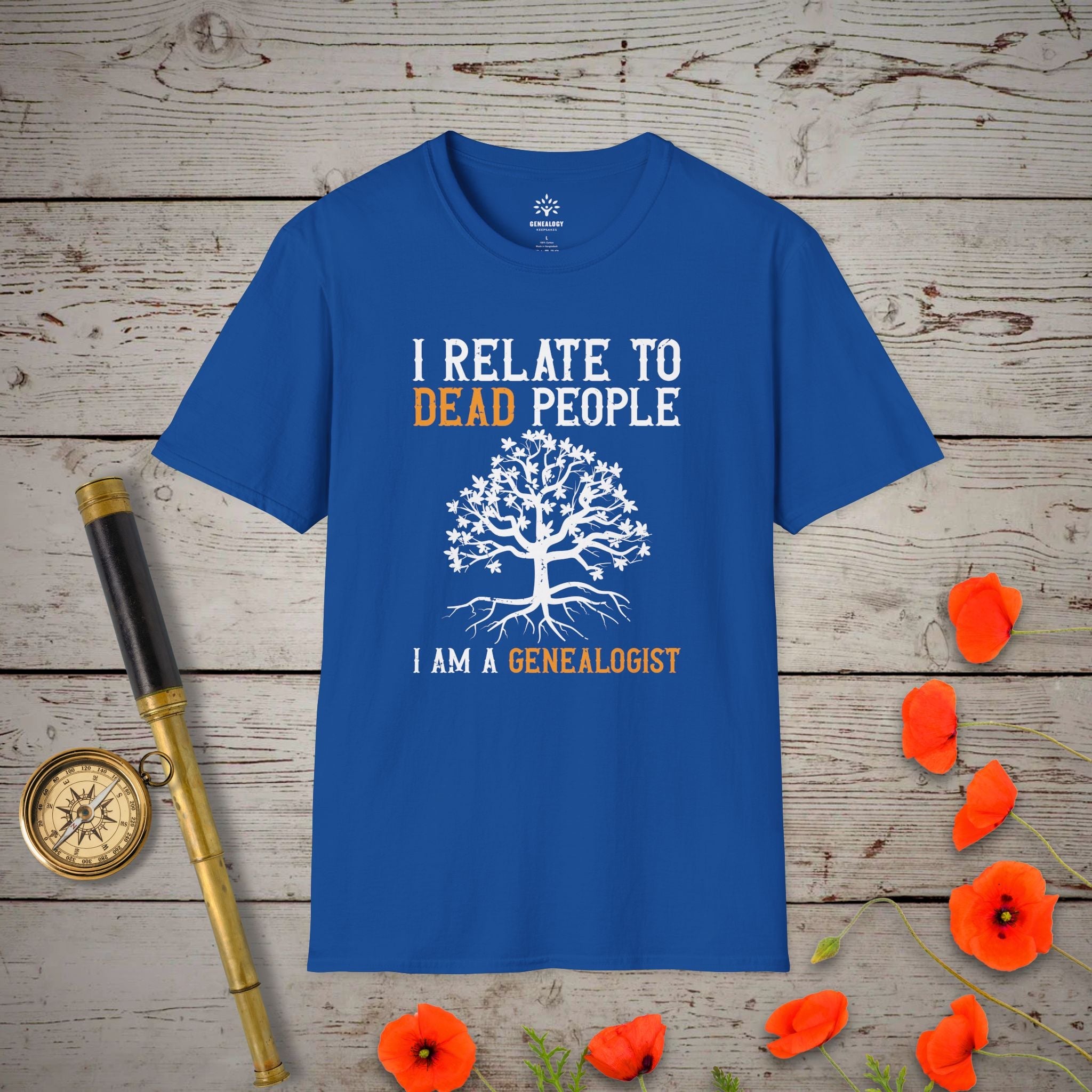 "I Relate to Dead People" Genealogy Enthusiast T-Shirt in Royal by Genealogy Keepsakes