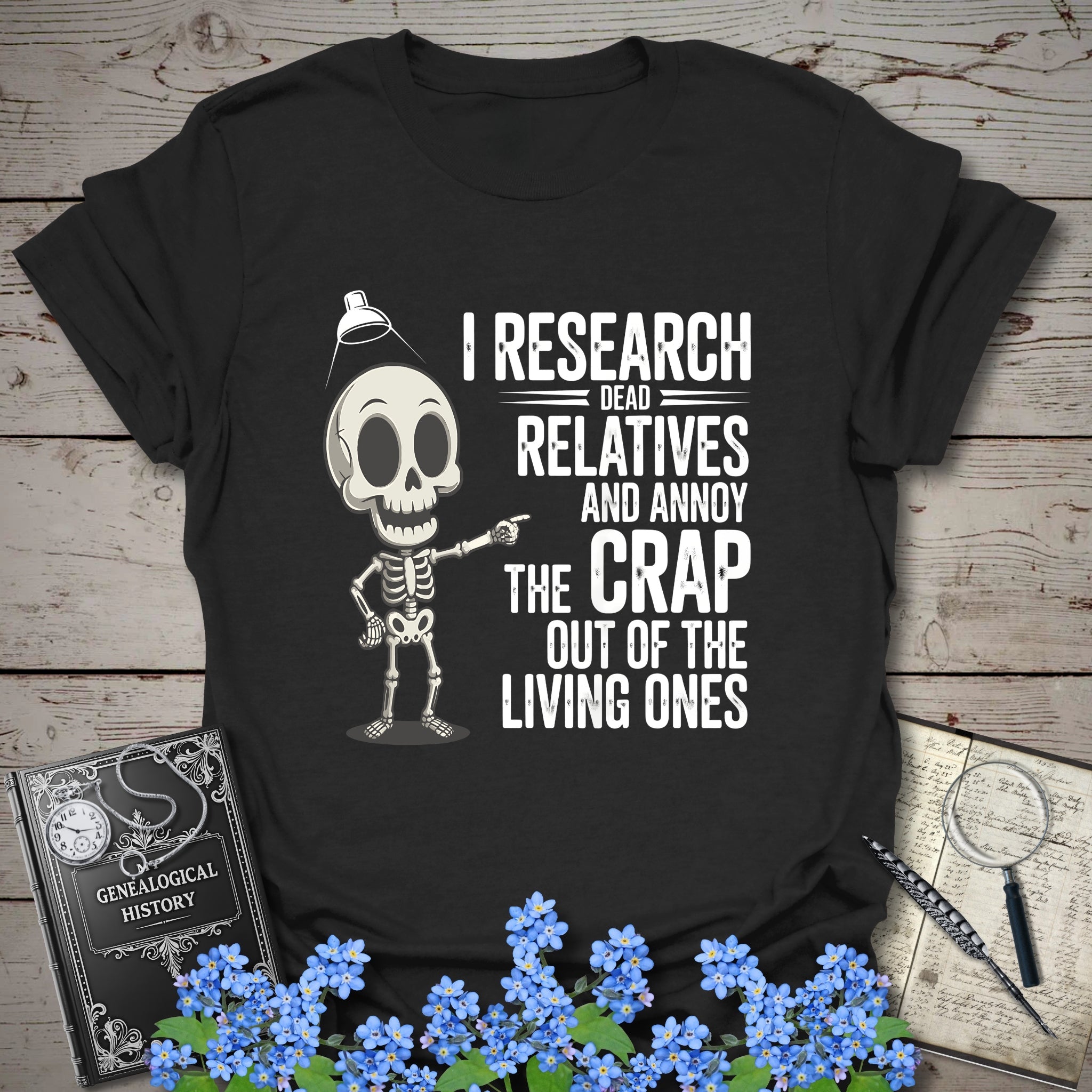 I Research Dead Relatives T-Shirt in Black by Genealogy Keepsakes