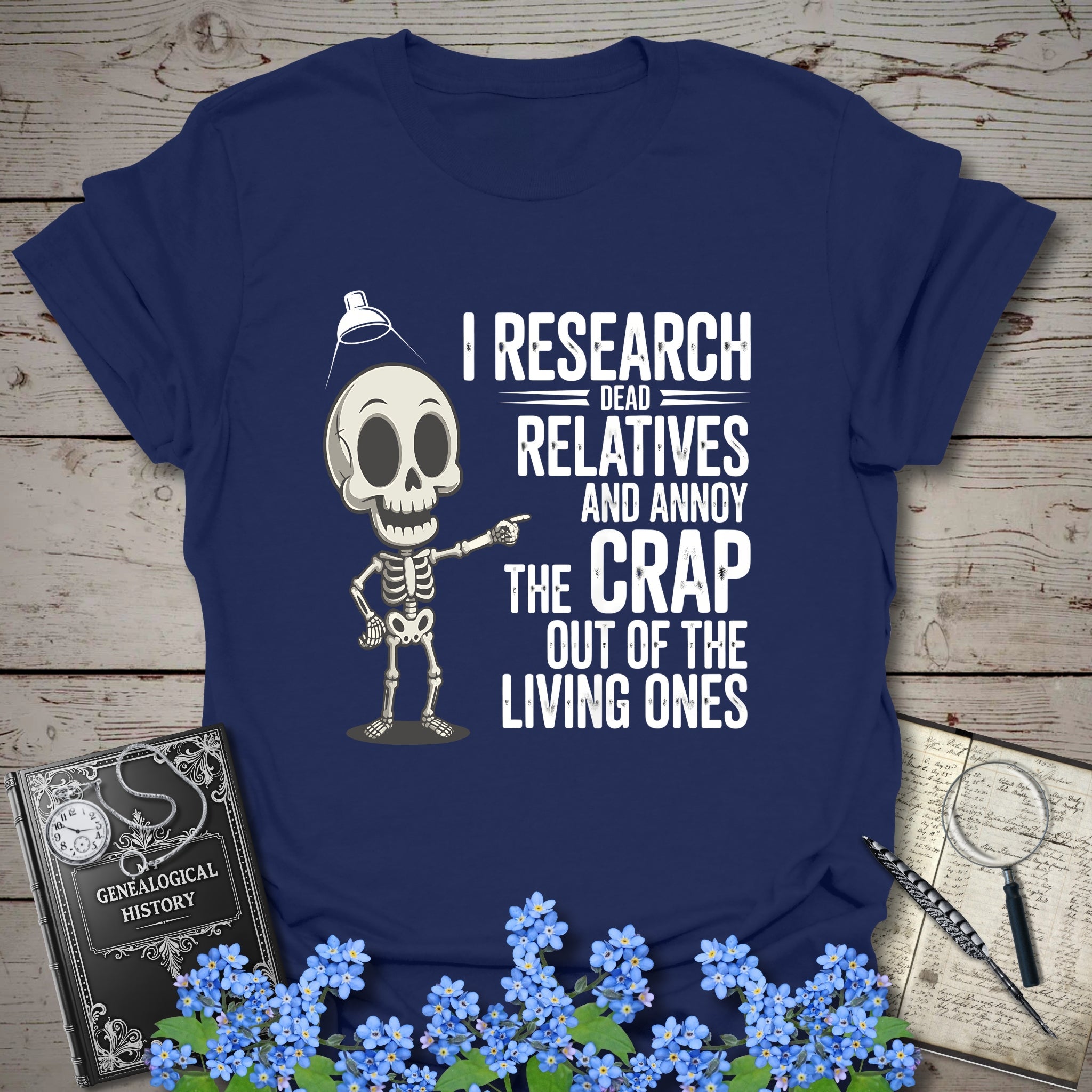 I Research Dead Relatives T-Shirt in Navy by Genealogy Keepsakes