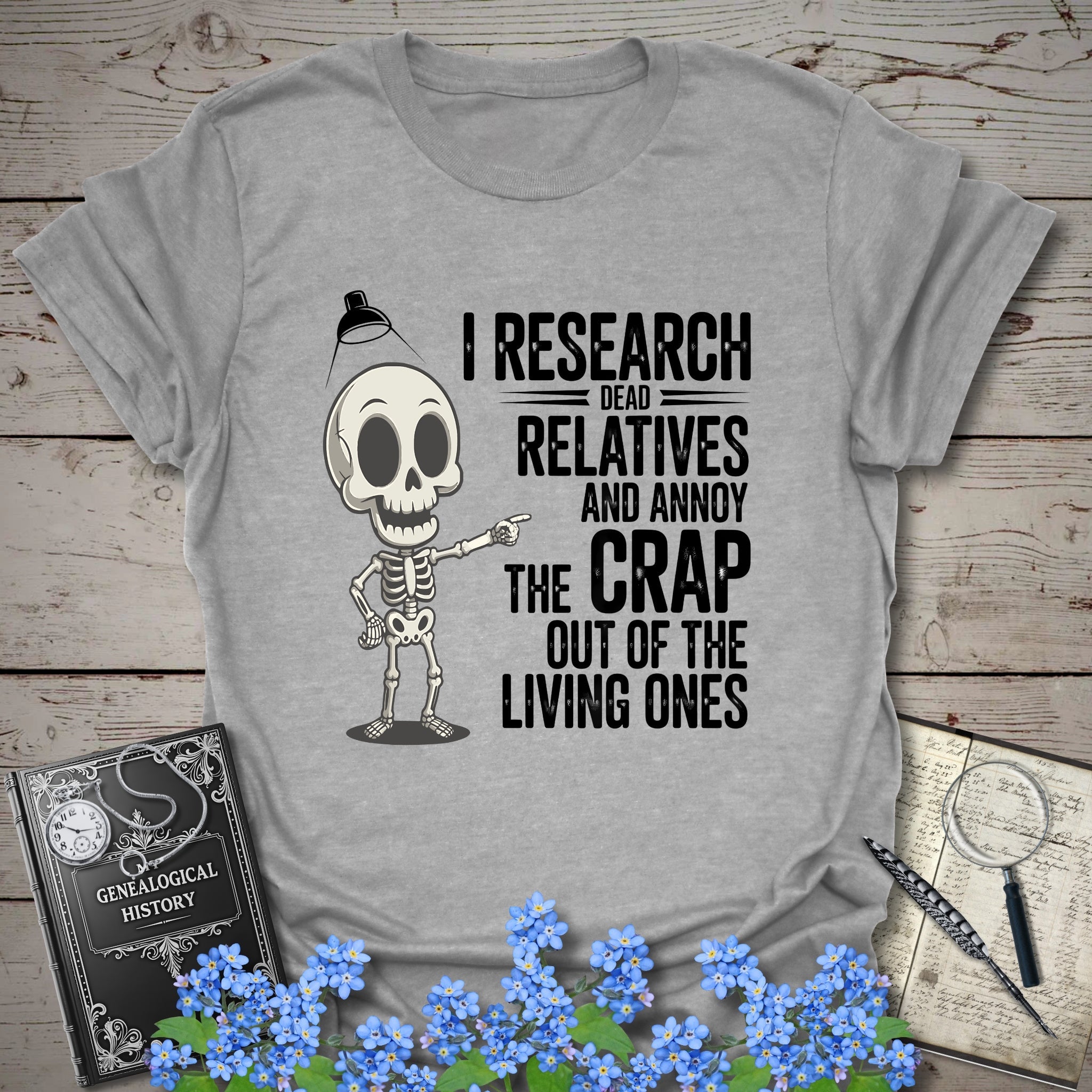 I Research Dead Relatives T-Shirt in Sport Grey by Genealogy Keepsakes