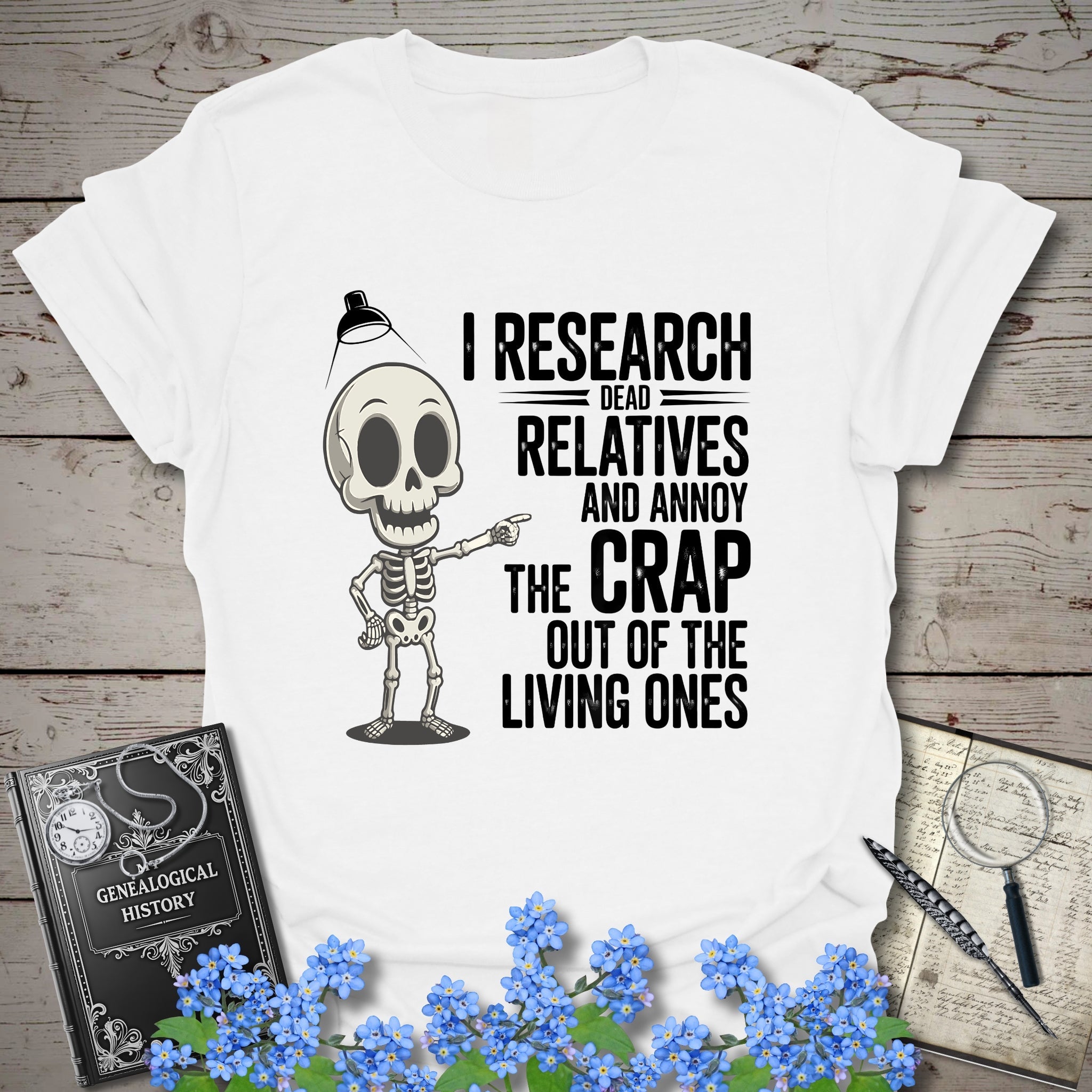 I Research Dead Relatives T-Shirt in White by Genealogy Keepsakes