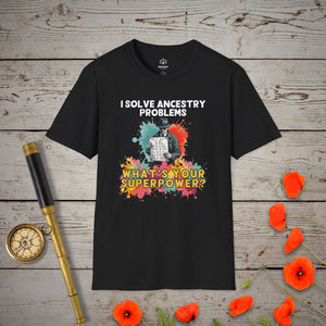 I Solve Ancestry Problems T-Shirt in Black by Genealogy Keepsakes