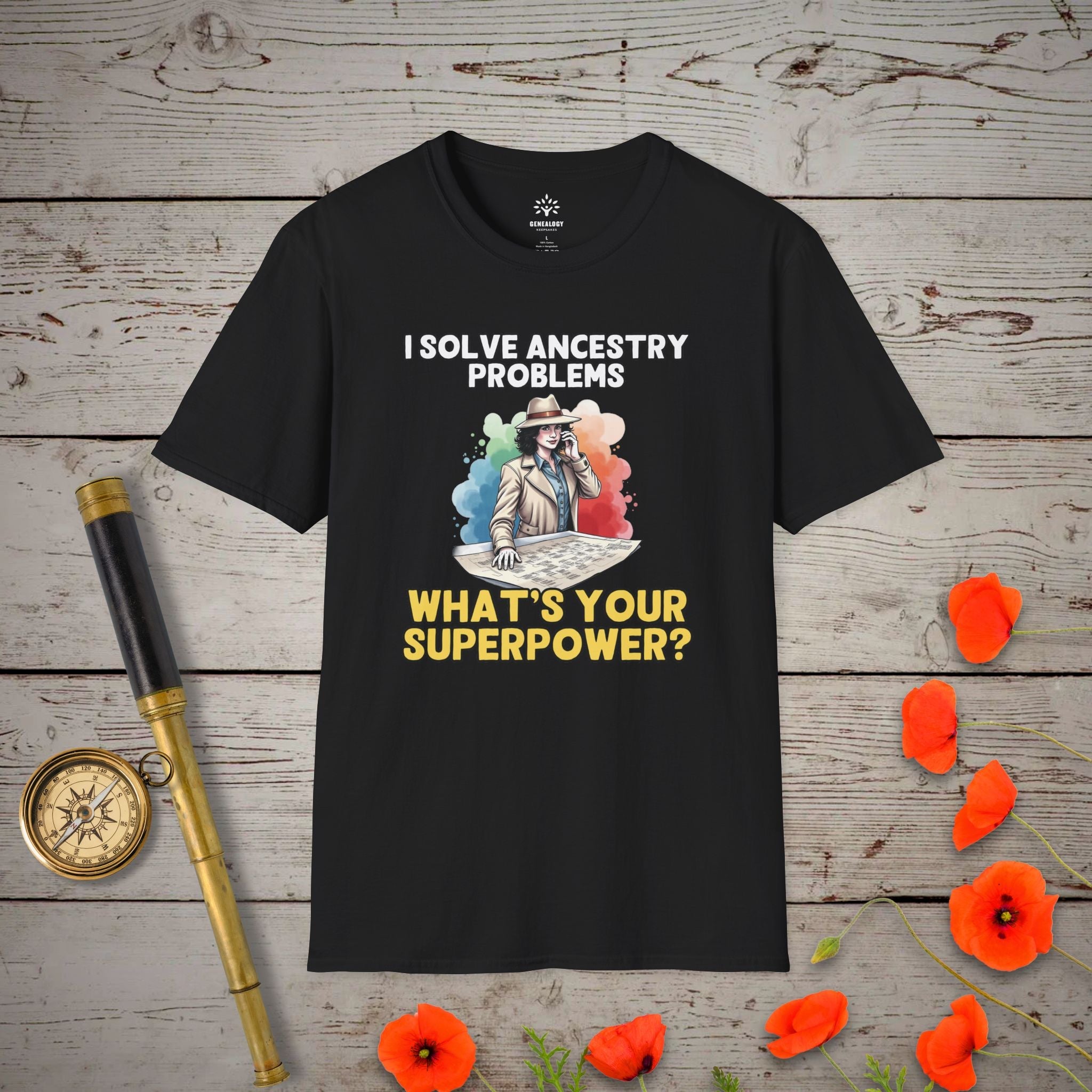 I Solve Ancestry Problems T-Shirt in Black by Genealogy Keepsakes