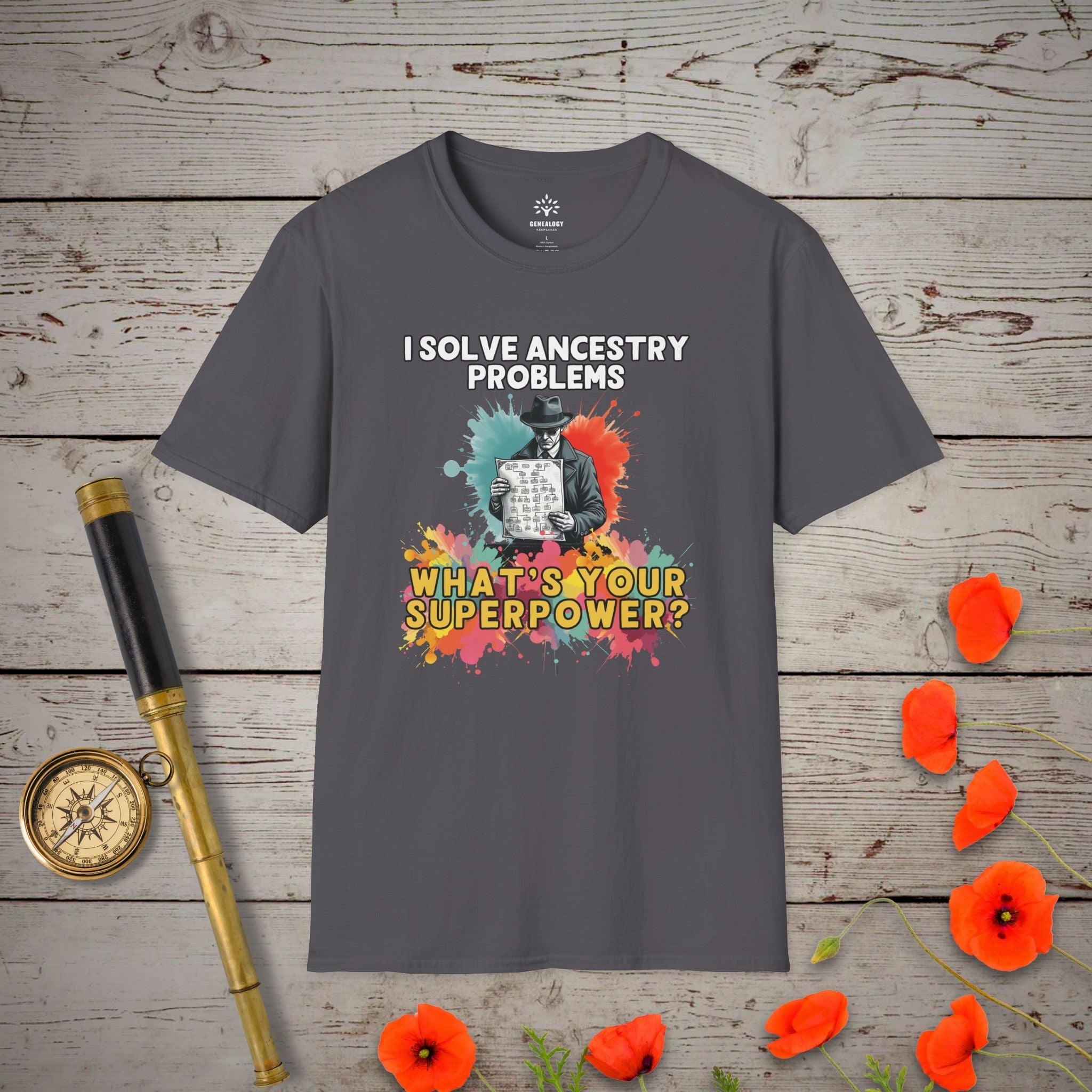 I Solve Ancestry Problems T-Shirt in Charcoal by Genealogy Keepsakes