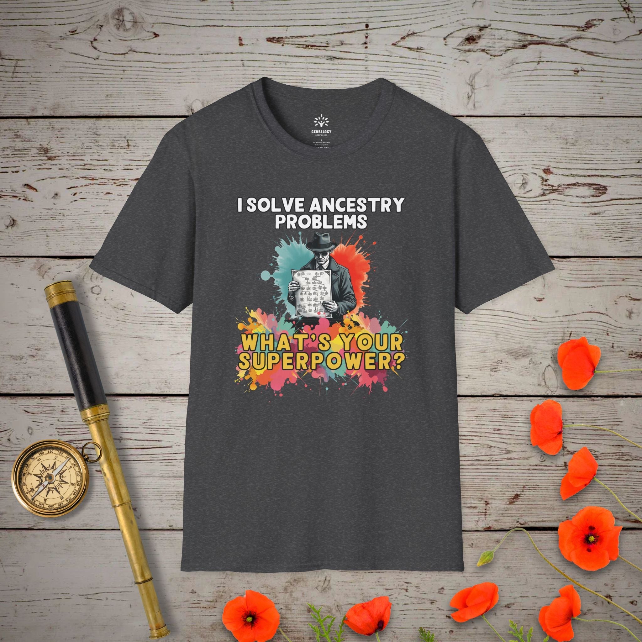 I Solve Ancestry Problems T-Shirt in Dark Heather by Genealogy Keepsakes