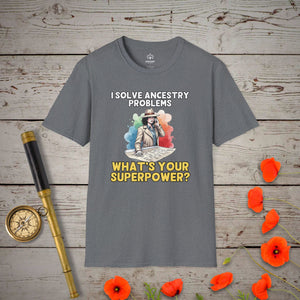 I Solve Ancestry Problems T-Shirt in Graphite Heather by Genealogy Keepsakes