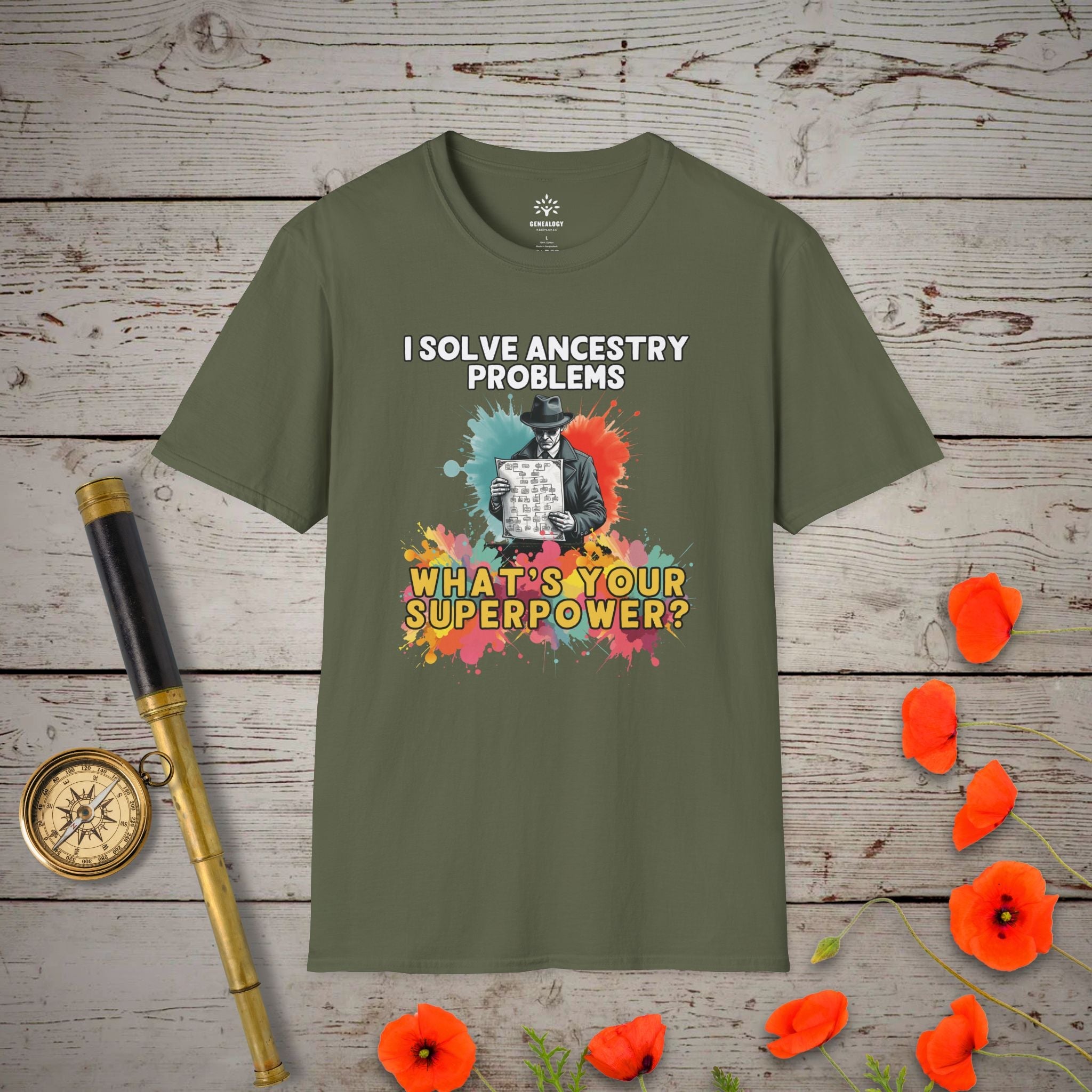 I Solve Ancestry Problems T-Shirt in Military Green by Genealogy Keepsakes