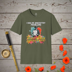 I Solve Ancestry Problems T-Shirt in Military Green by Genealogy Keepsakes