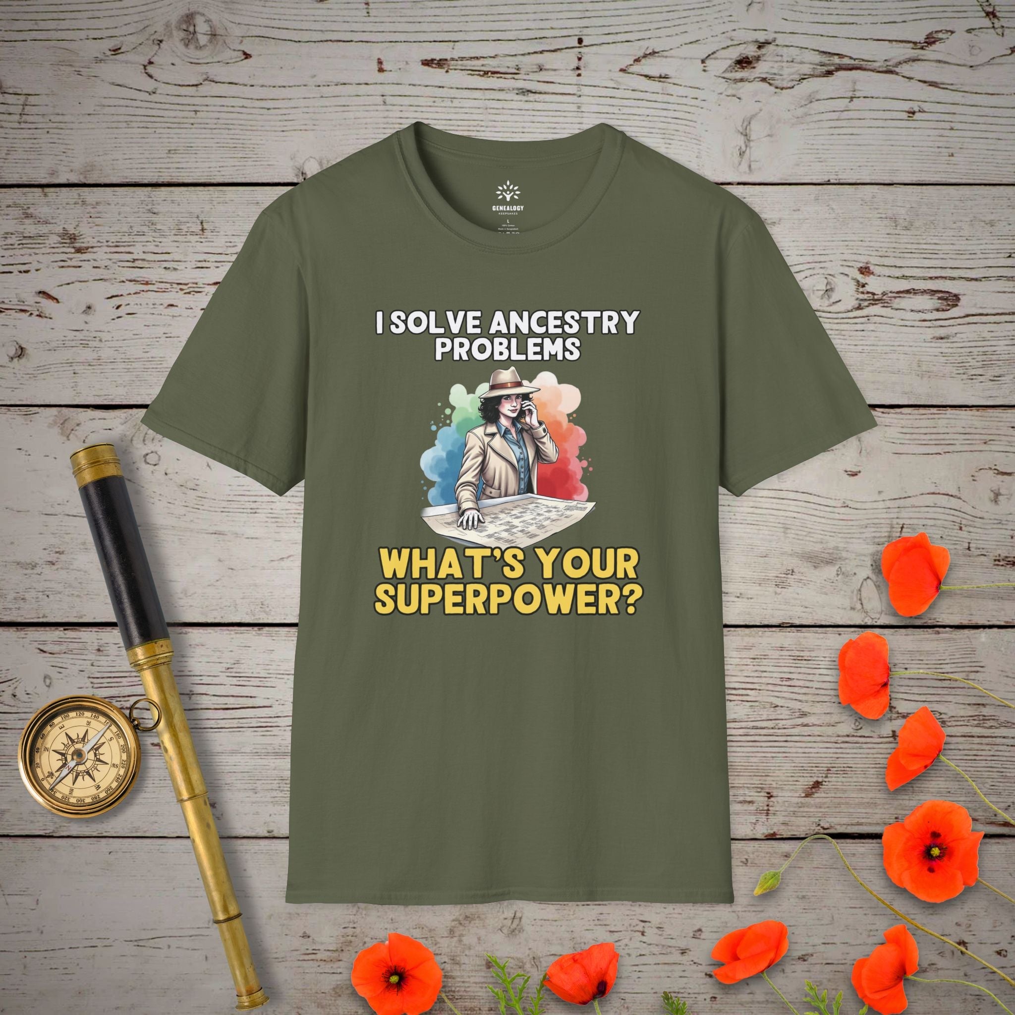 I Solve Ancestry Problems T-Shirt in Military Green by Genealogy Keepsakes