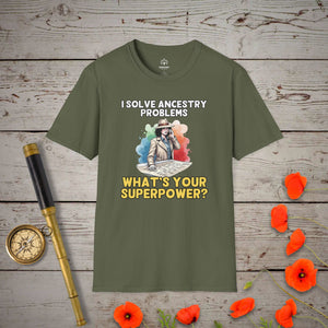 I Solve Ancestry Problems T-Shirt in Military Green by Genealogy Keepsakes