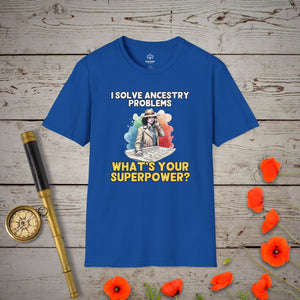 I Solve Ancestry Problems T-Shirt in Royal by Genealogy Keepsakes