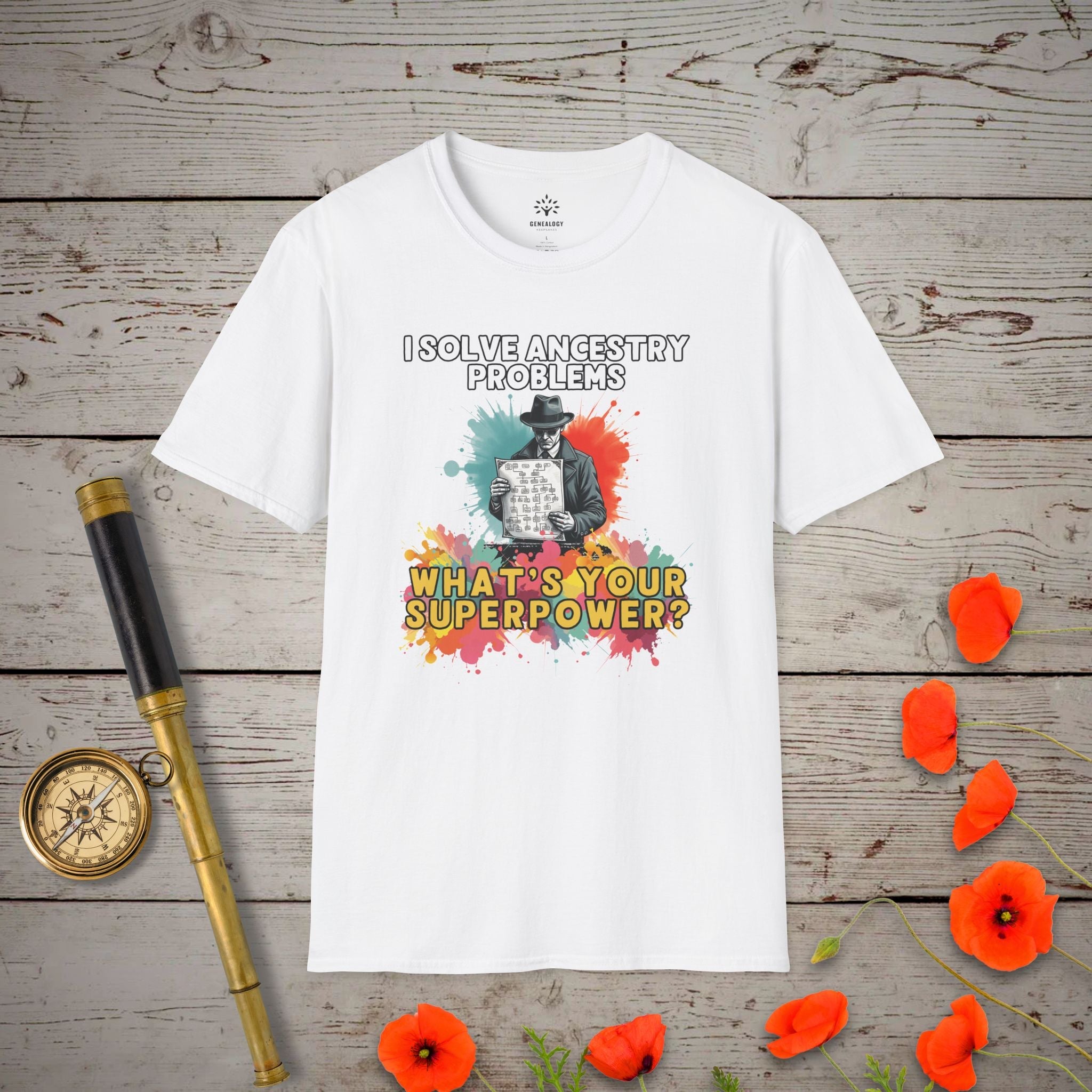 I Solve Ancestry Problems T-Shirt in White by Genealogy Keepsakes