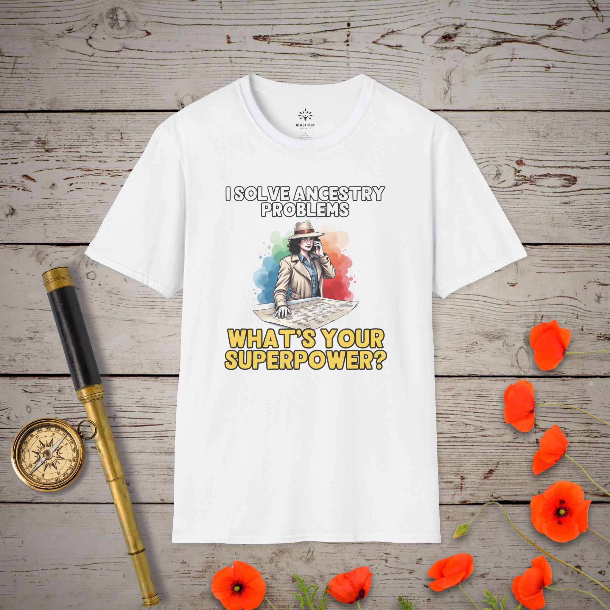 I Solve Ancestry Problems T-Shirt in White by Genealogy Keepsakes
