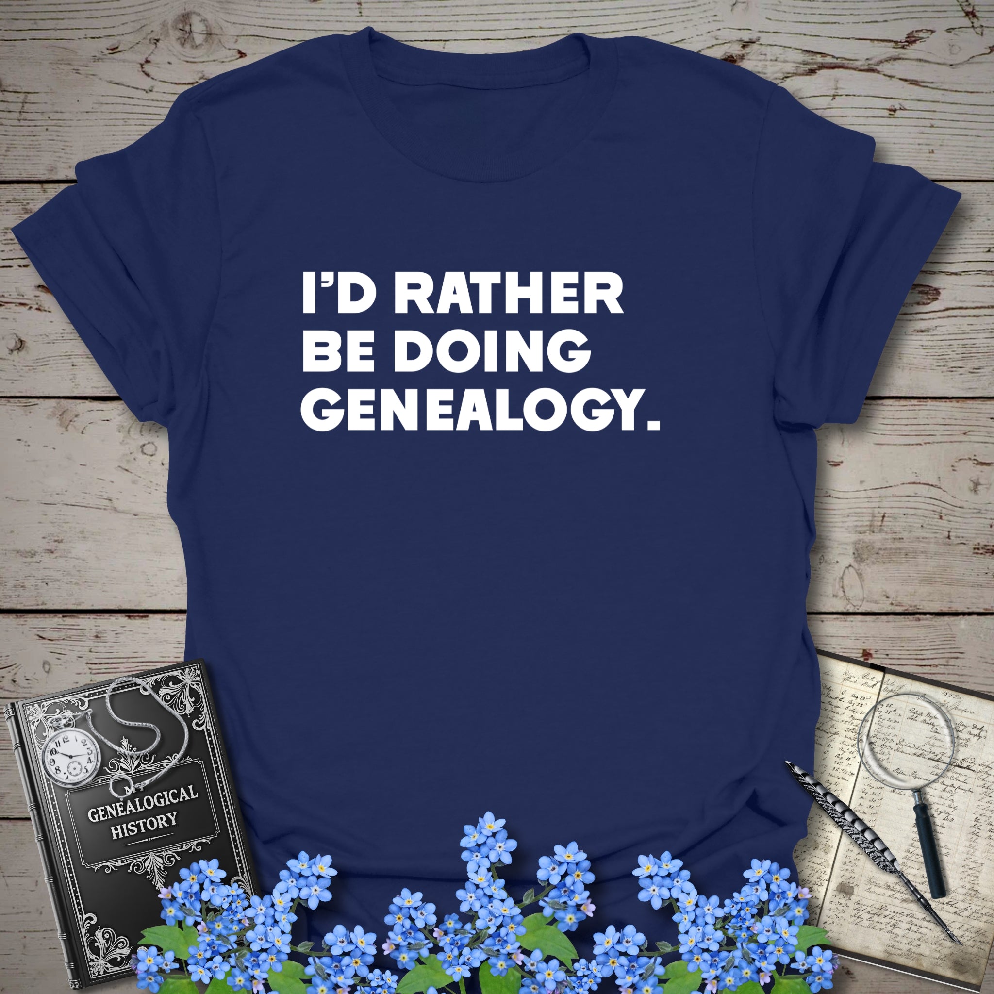 I'd Rather Be Doing Genealogy T-Shirt in Navy by Genealogy Keepsakes