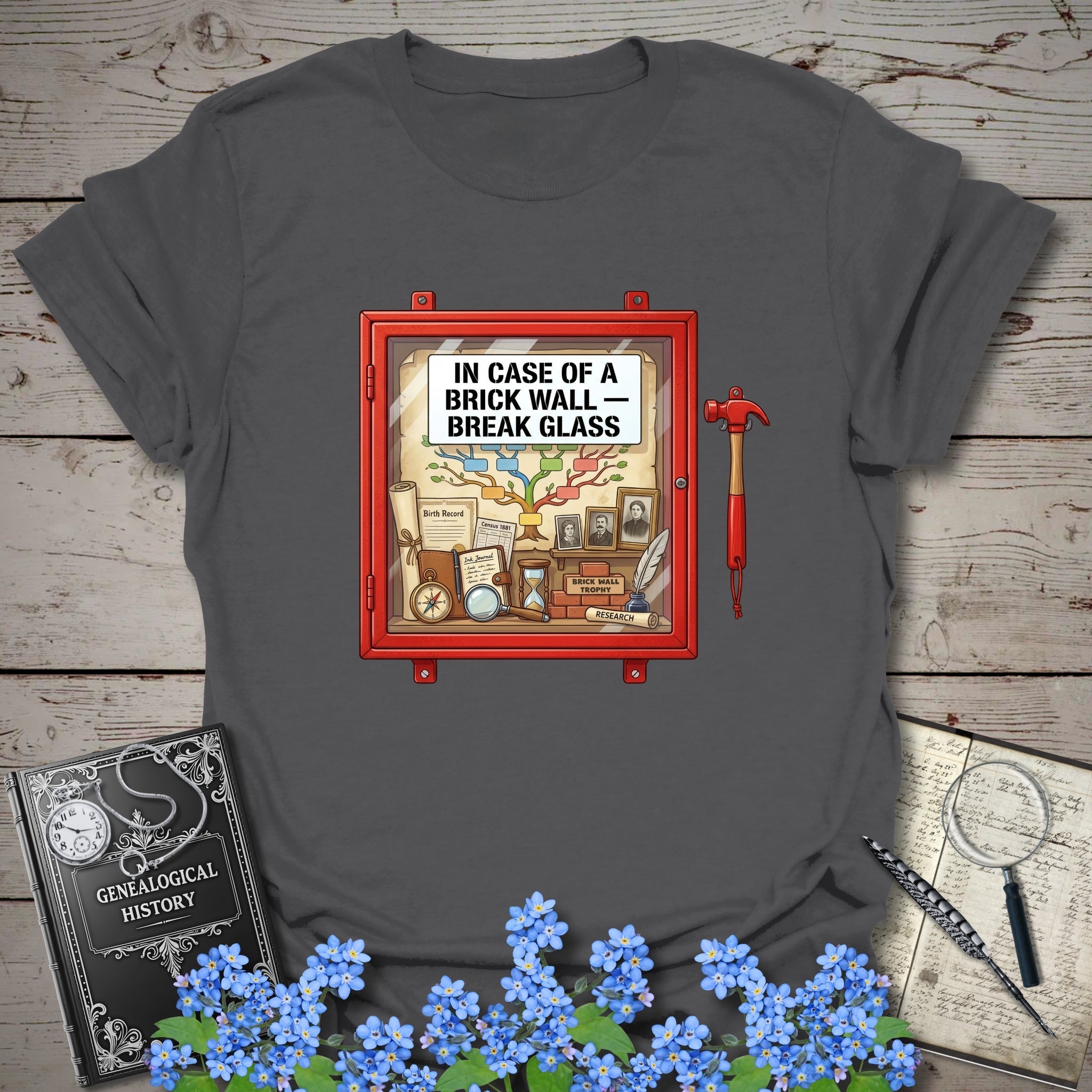 In Case Of A Brick Wall - Break Glass T-Shirt in Charcoal by Genealogy Keepsakes