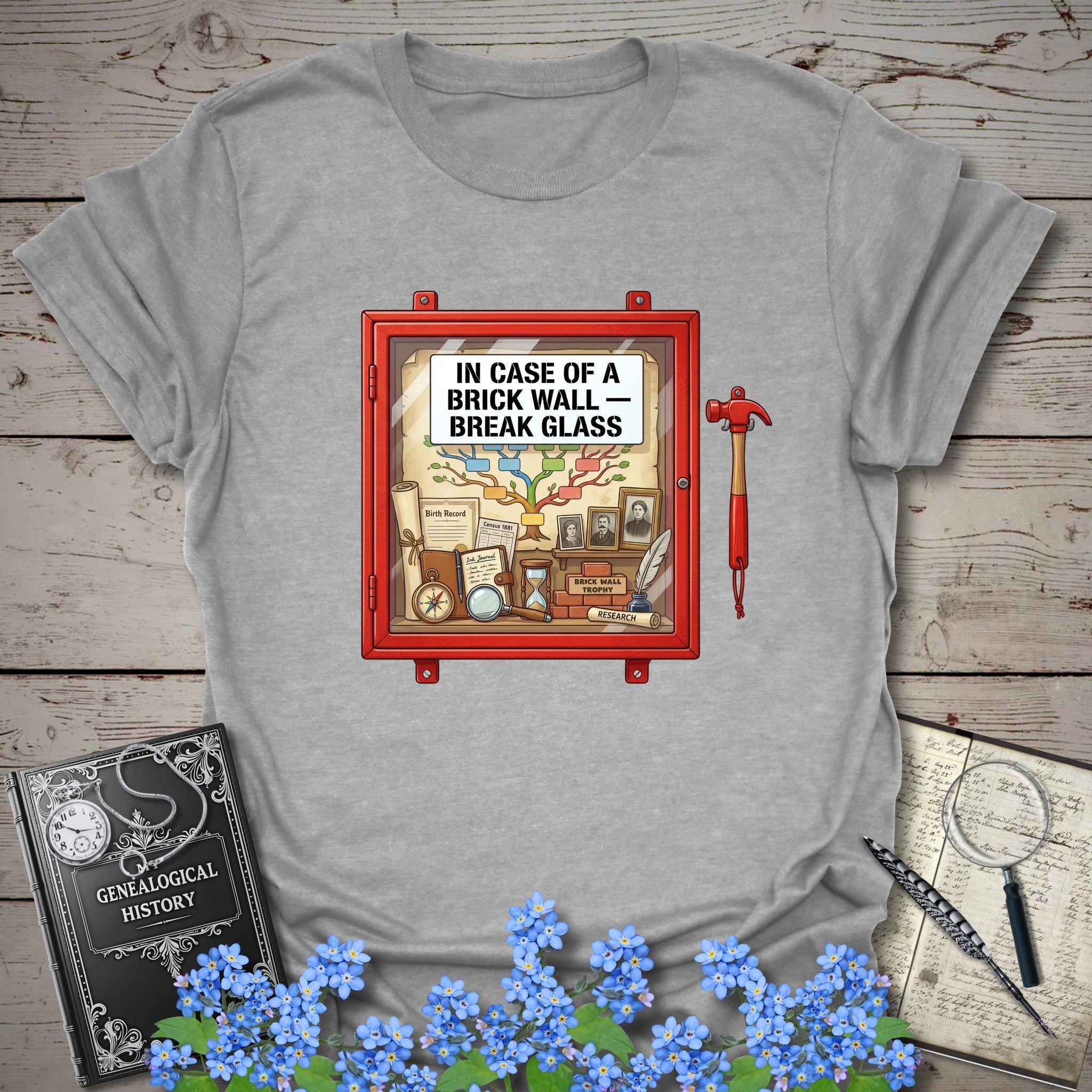 In Case Of A Brick Wall - Break Glass T-Shirt in Sport Grey by Genealogy Keepsakes