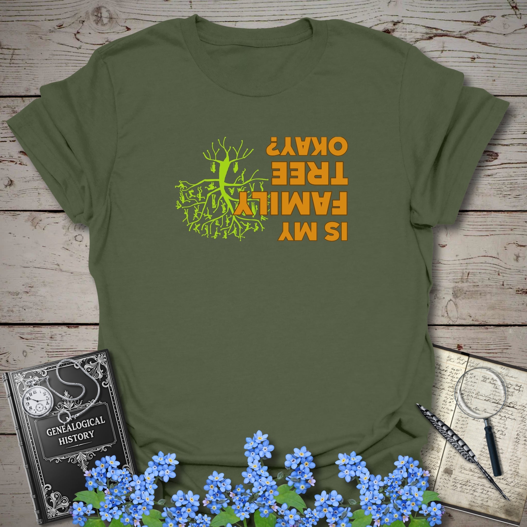 Is My Family Tree Ok? T-Shirt in Military Green by Genealogy Keepsakes