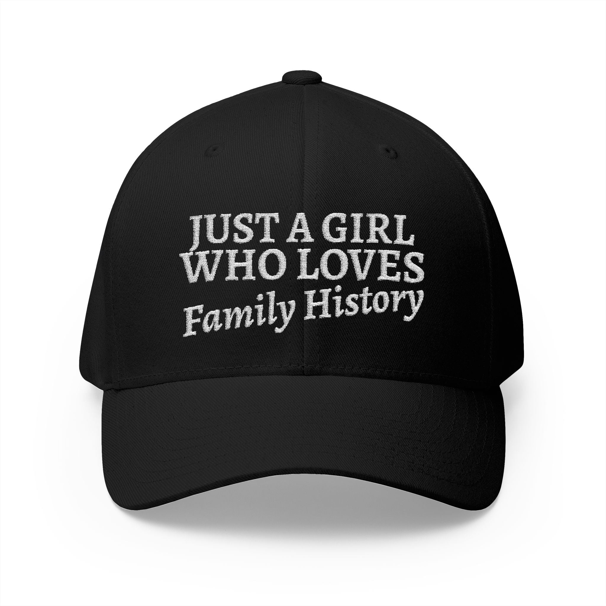 Just A Girl Who Loves Family History Embroidered Cap in Black by Genealogy Keepsakes