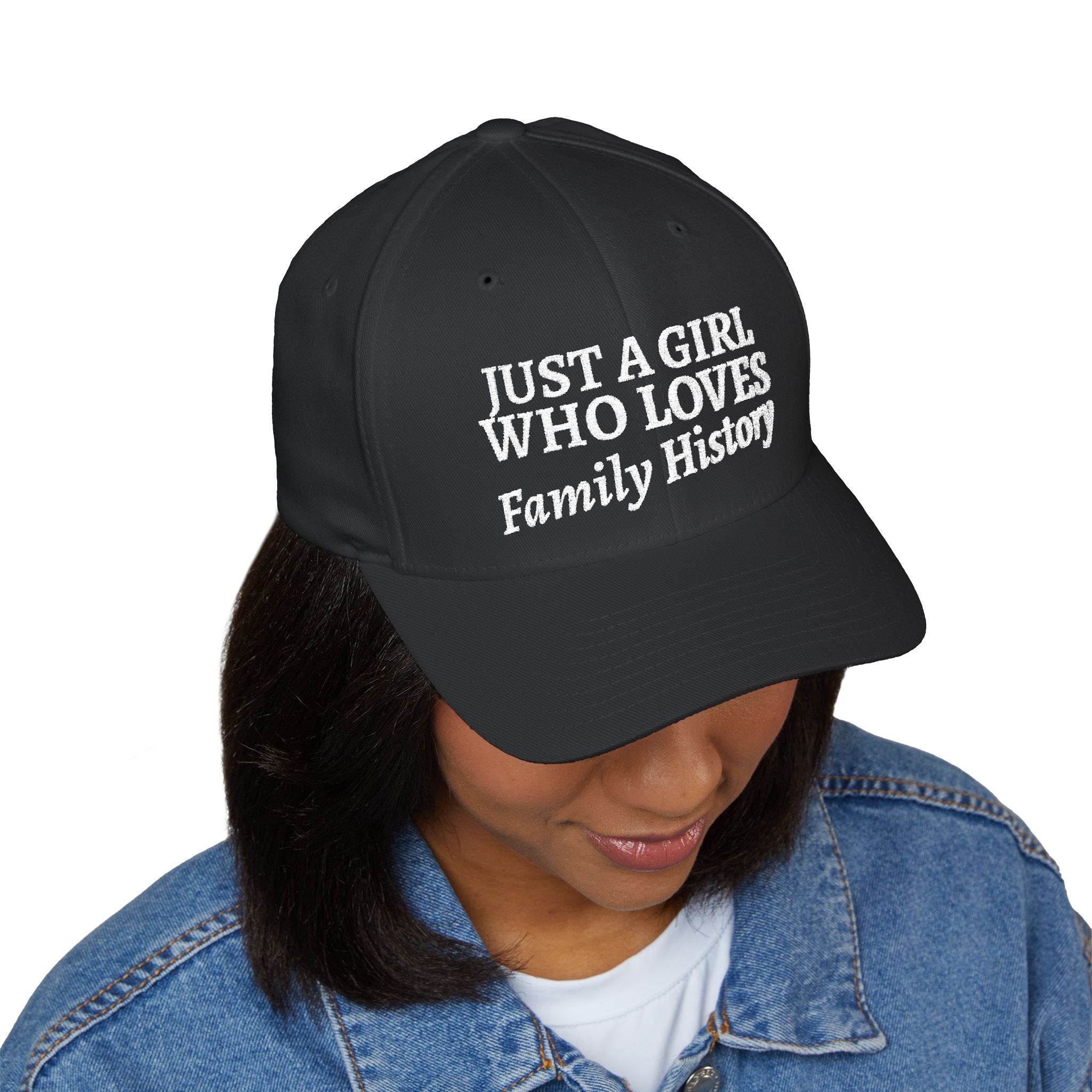 Just A Girl Who Loves Family History Embroidered Cap in Black by Genealogy Keepsakes