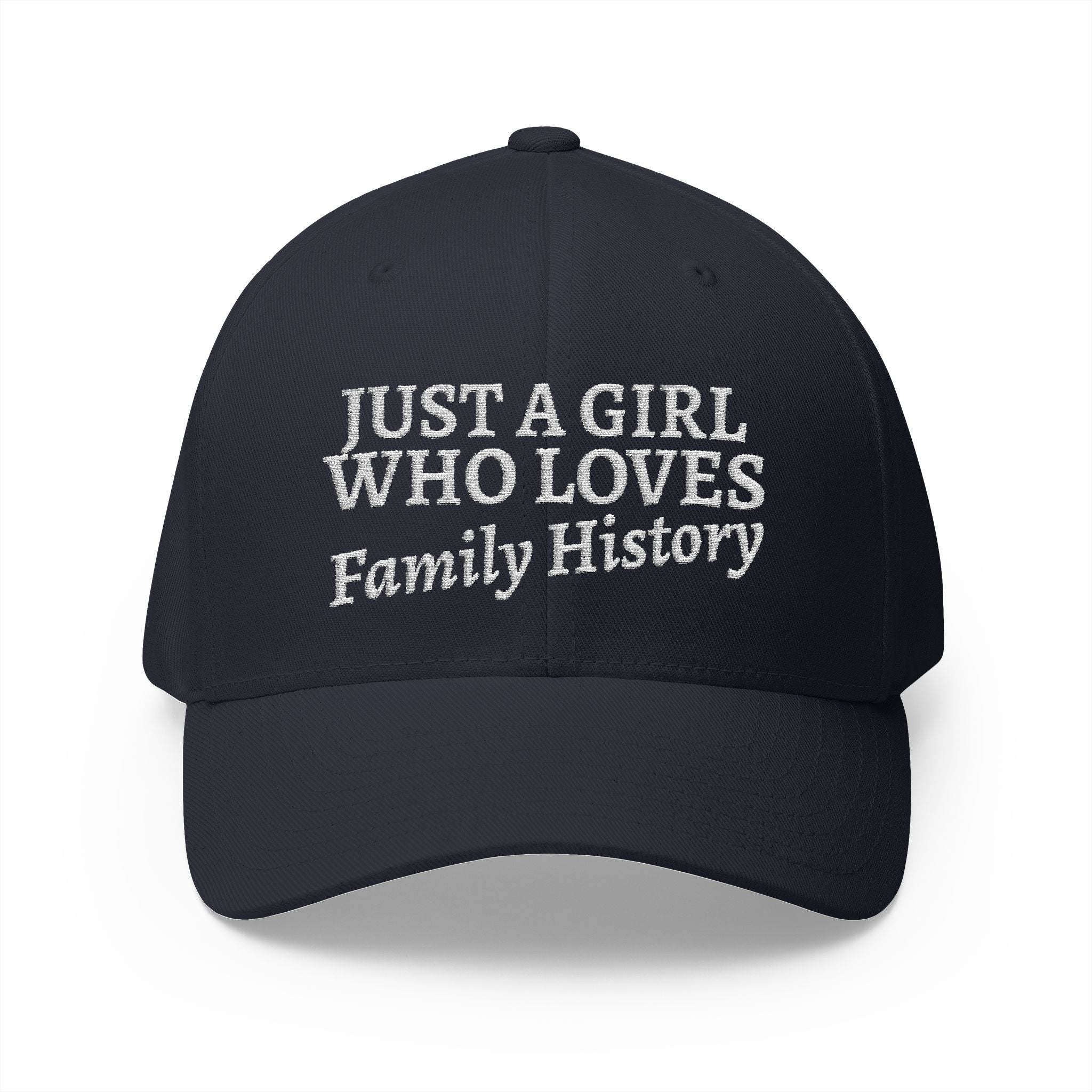 Just A Girl Who Loves Family History Embroidered Cap in Dark Navy by Genealogy Keepsakes