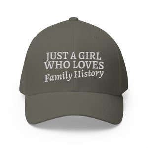 Just A Girl Who Loves Family History Embroidered Cap in Olive by Genealogy Keepsakes