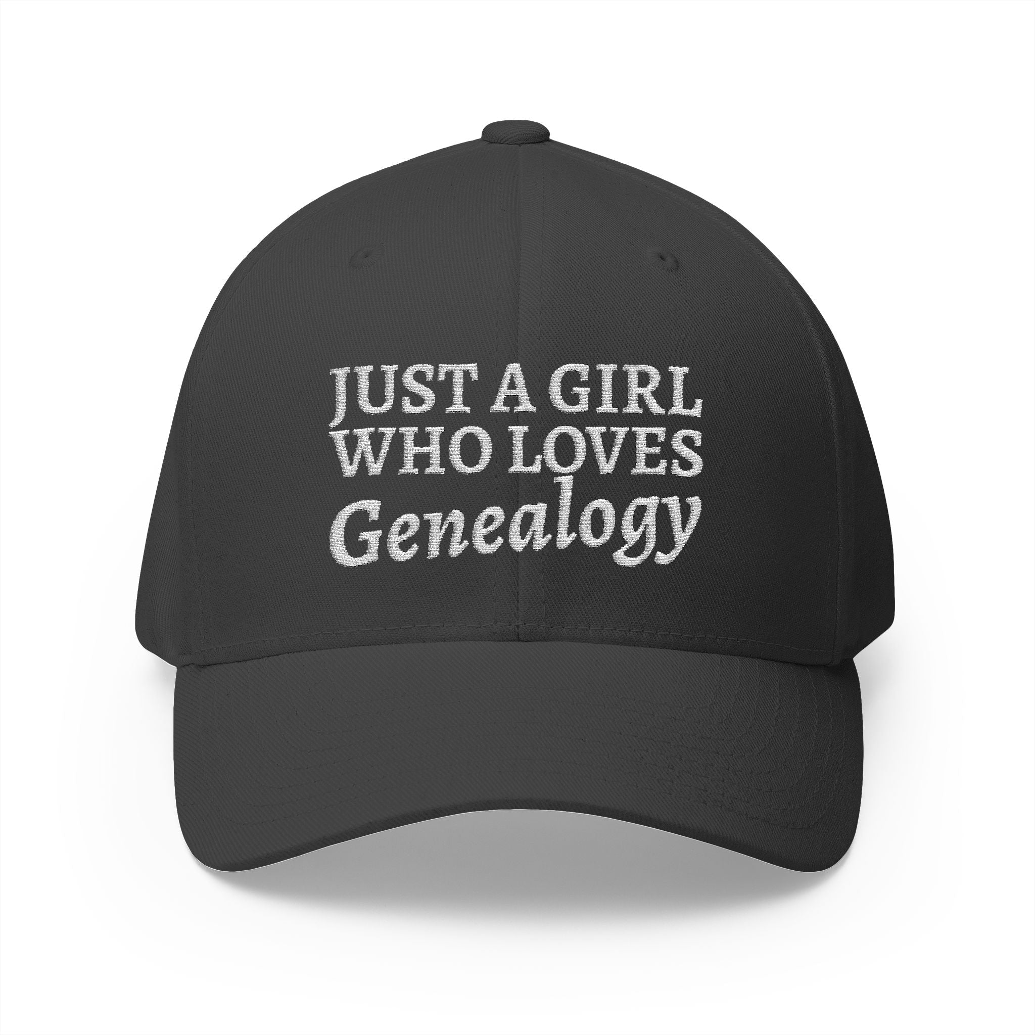 Just A Girl Who Loves Genealogy Embroidered Cap in Dark Grey by Genealogy Keepsakes