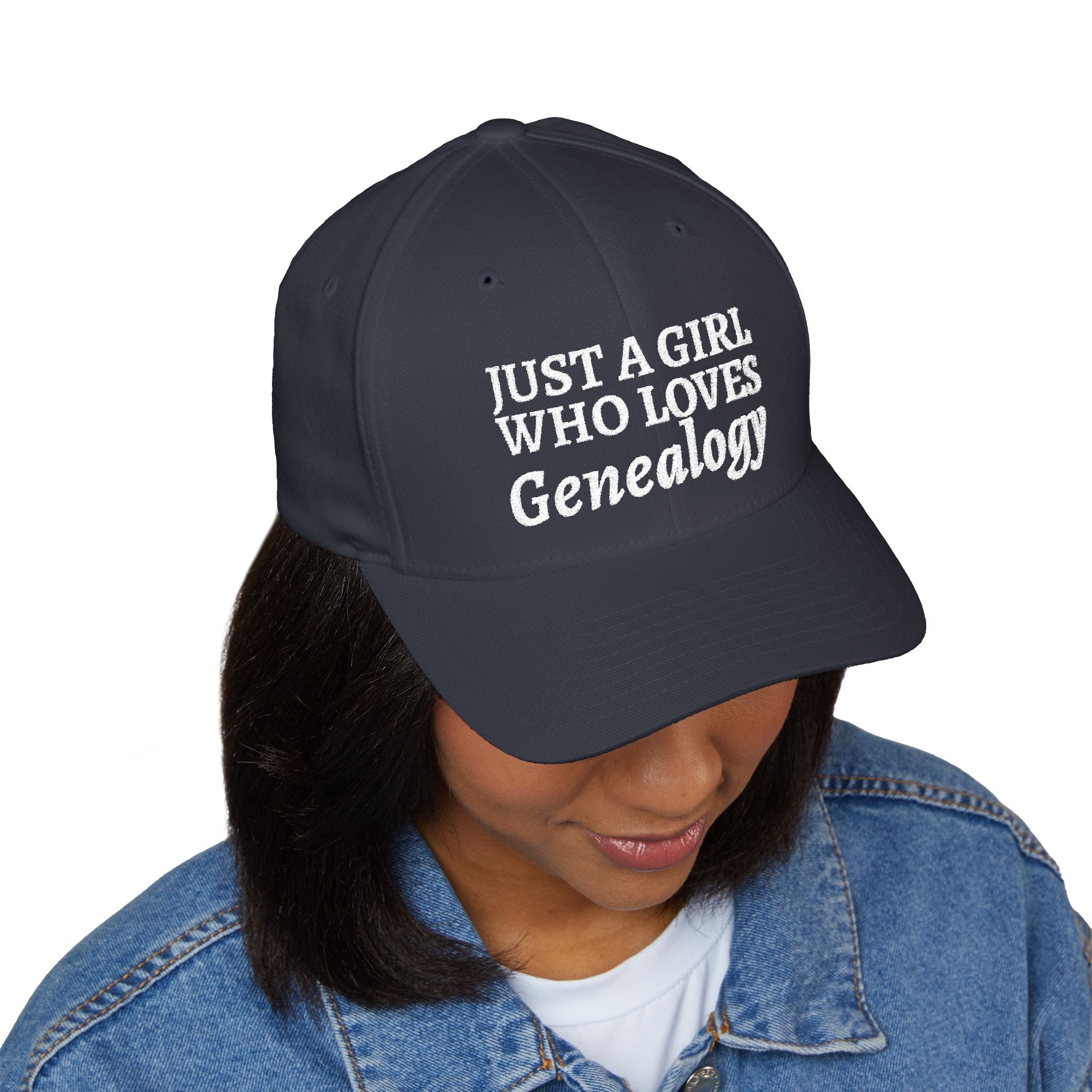 Just A Girl Who Loves Genealogy Embroidered Cap in Dark Navy by Genealogy Keepsakes