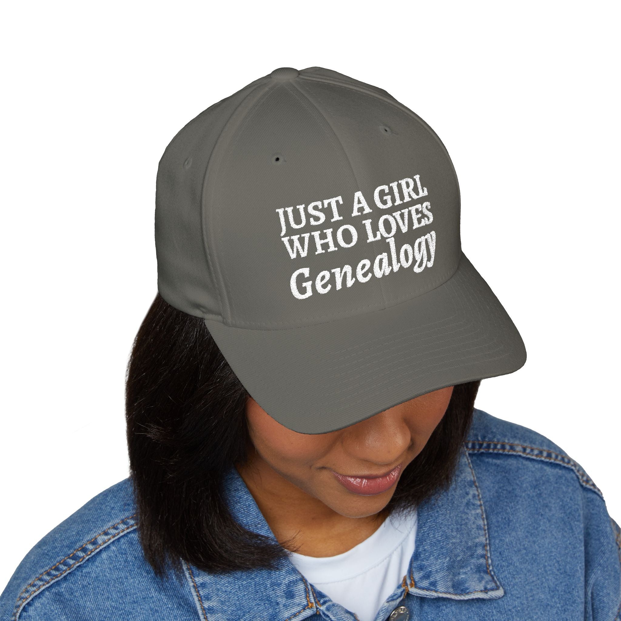 Just A Girl Who Loves Genealogy Embroidered Cap in Dark Navy by Genealogy Keepsakes
