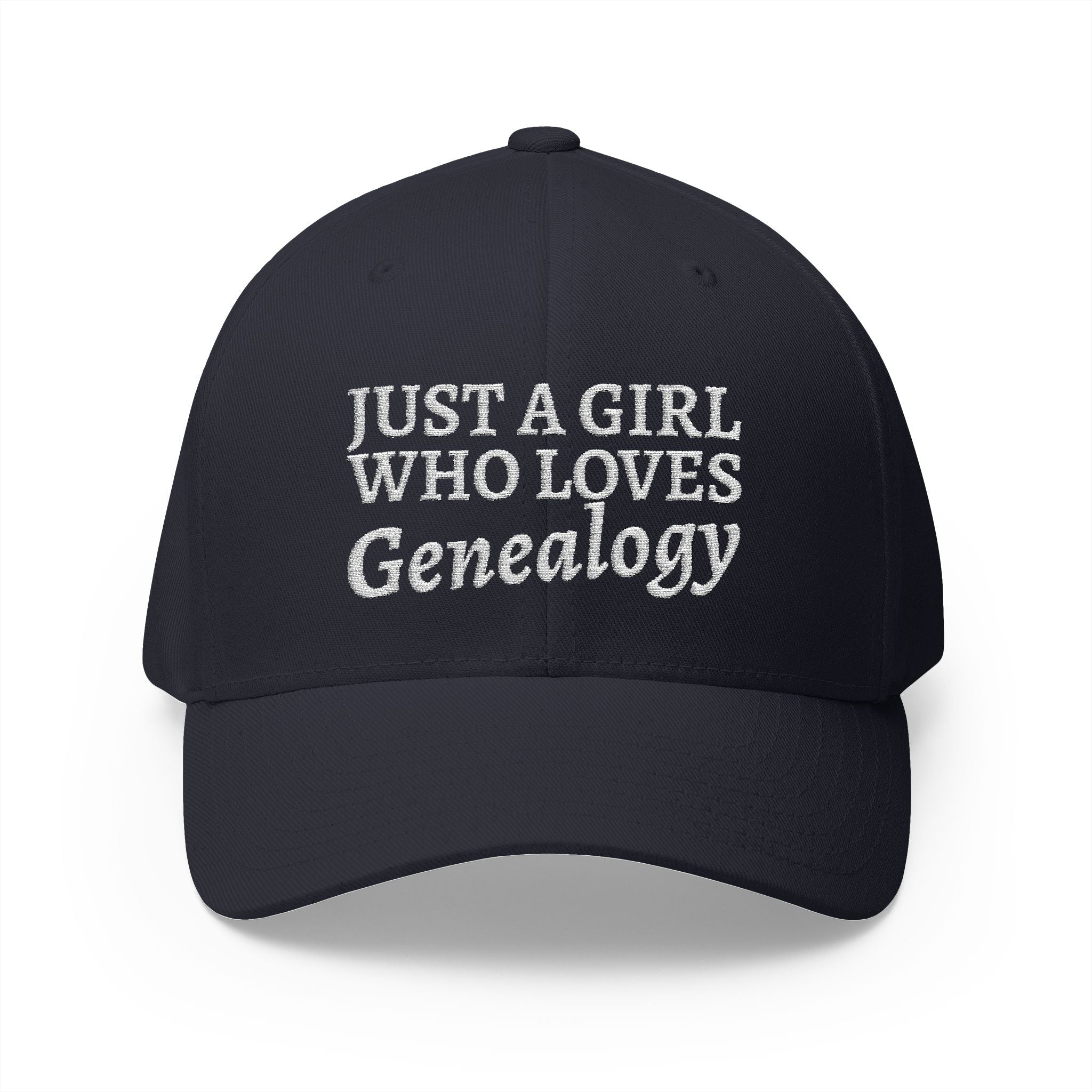Just A Girl Who Loves Genealogy Embroidered Cap in Dark Navy by Genealogy Keepsakes