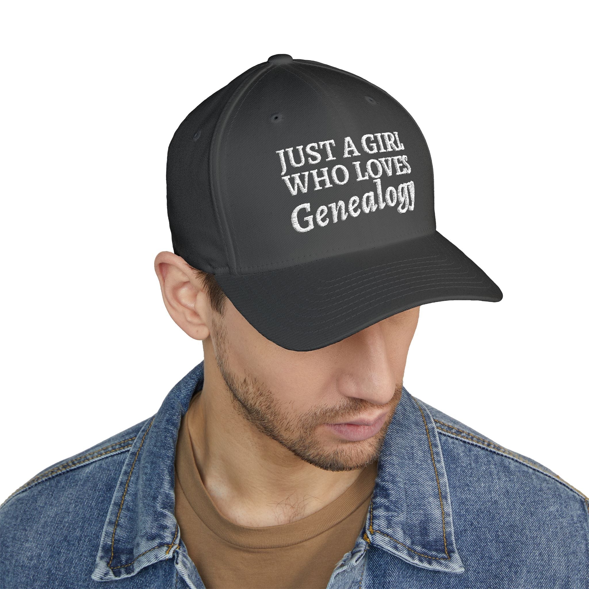 Just A Girl Who Loves Genealogy Embroidered Cap in Dark Navy by Genealogy Keepsakes