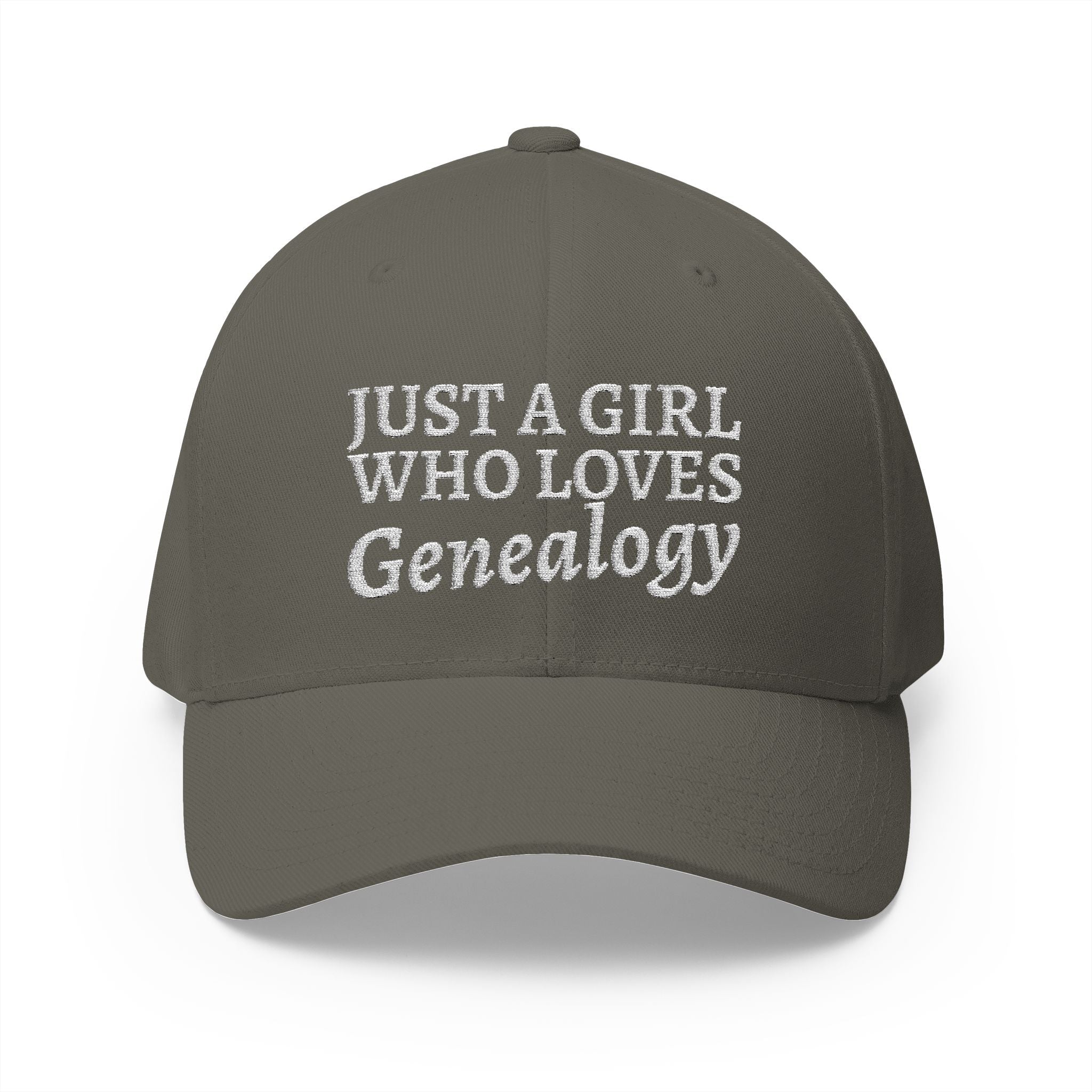 Just A Girl Who Loves Genealogy Embroidered Cap in Olive by Genealogy Keepsakes
