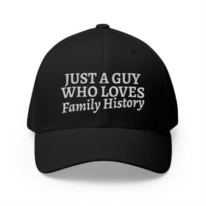 Just A Guy Who Loves Family History Embroidered Cap in Black by Genealogy Keepsakes
