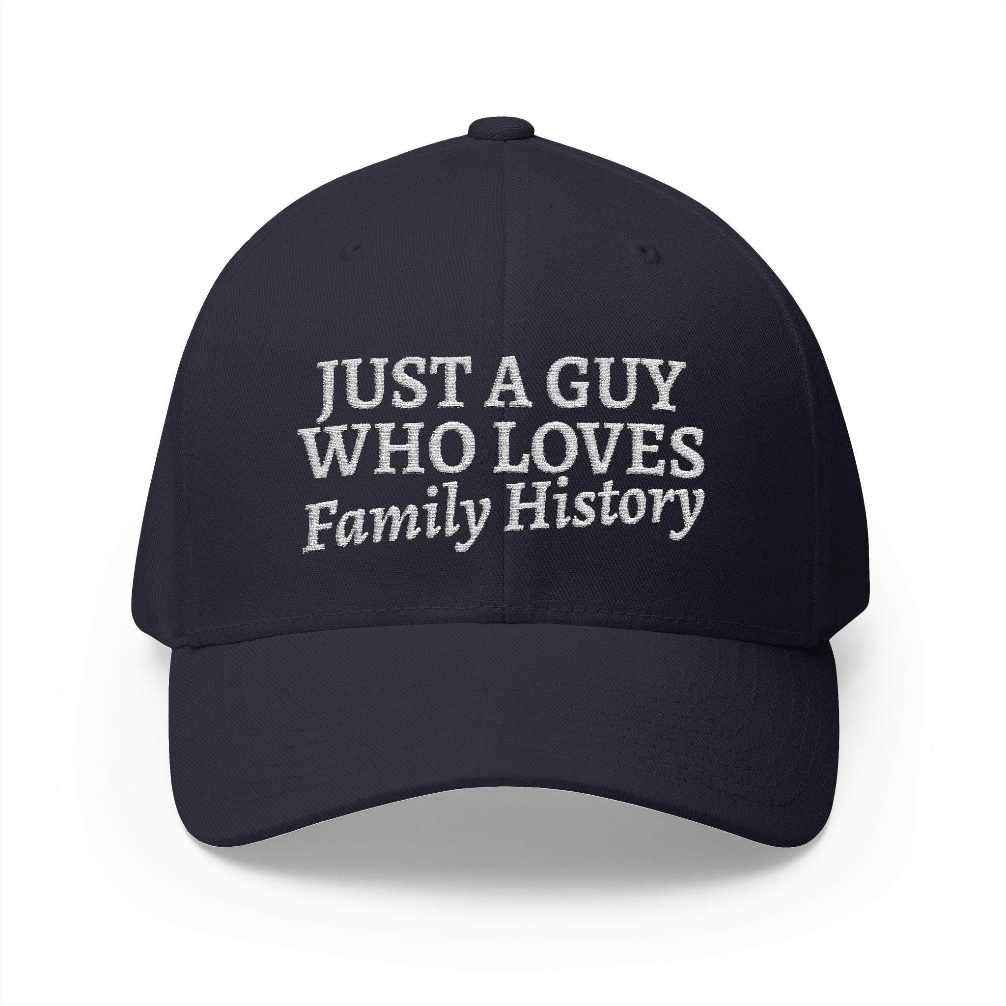 Just A Guy Who Loves Family History Embroidered Cap in Dark Navy by Genealogy Keepsakes
