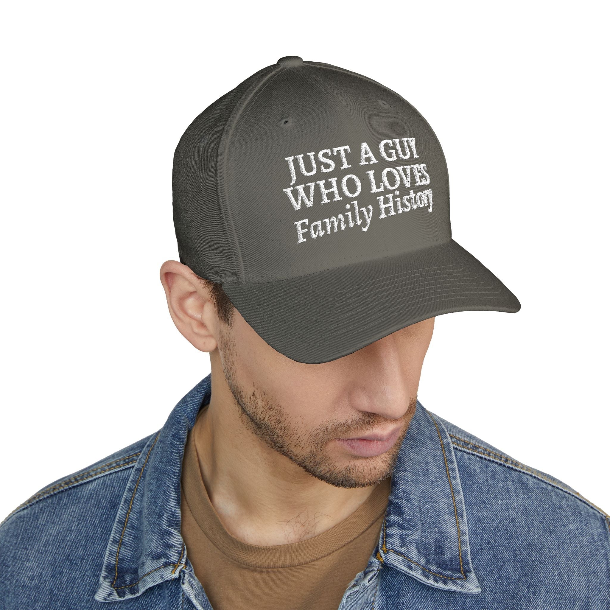 Just A Guy Who Loves Family History Embroidered Cap in Dark Navy by Genealogy Keepsakes