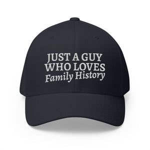 Just A Guy Who Loves Family History Embroidered Cap in Dark Navy by Genealogy Keepsakes