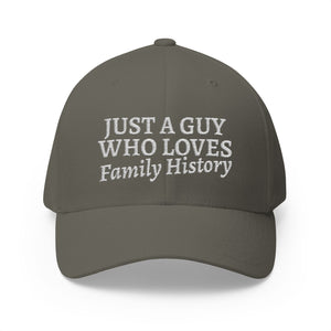 Just A Guy Who Loves Family History Embroidered Cap in Olive by Genealogy Keepsakes