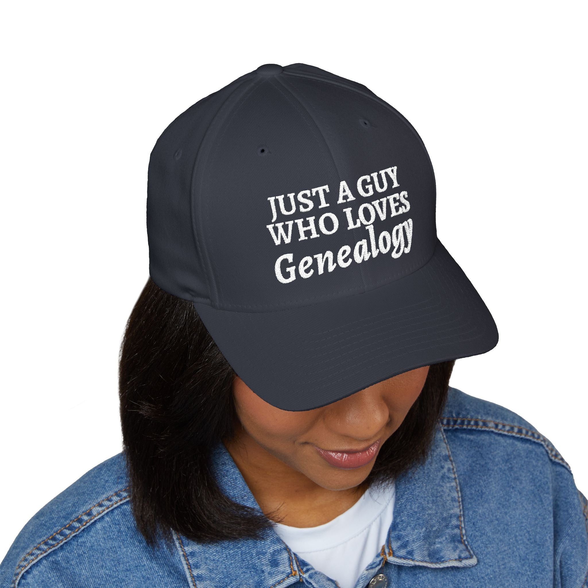 Just A Guy Who Loves Genealogy Embroidered Cap in Olive by Genealogy Keepsakes