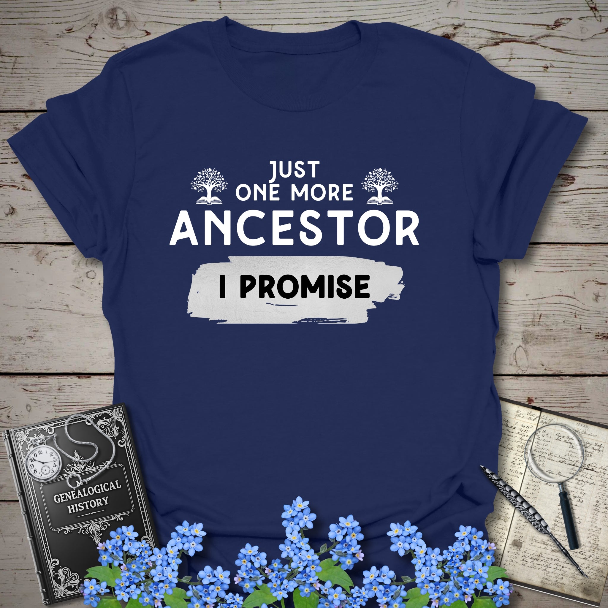 Just One More Ancestor T-Shirt in Navy by Genealogy Keepsakes