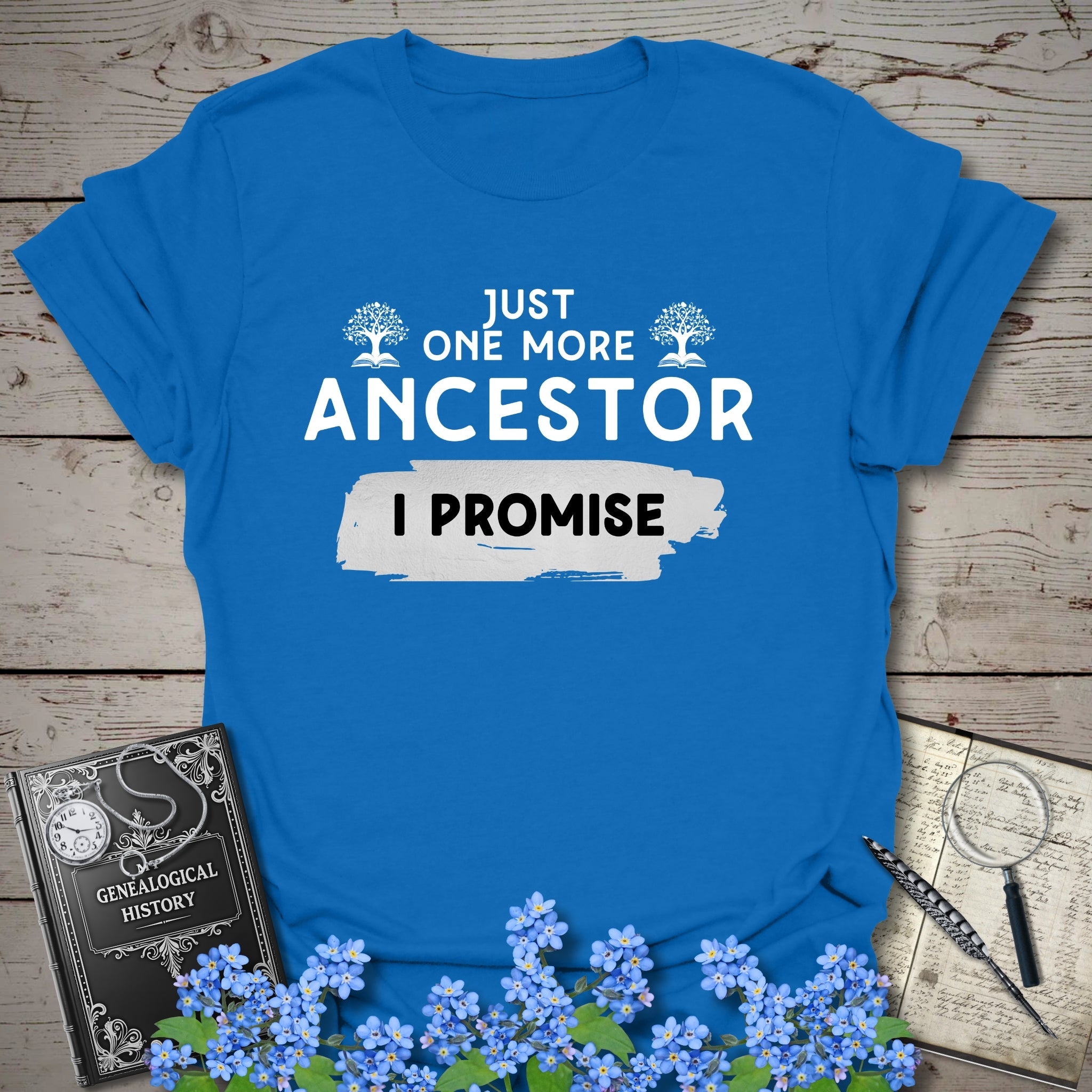 Just One More Ancestor T-Shirt in Royal by Genealogy Keepsakes