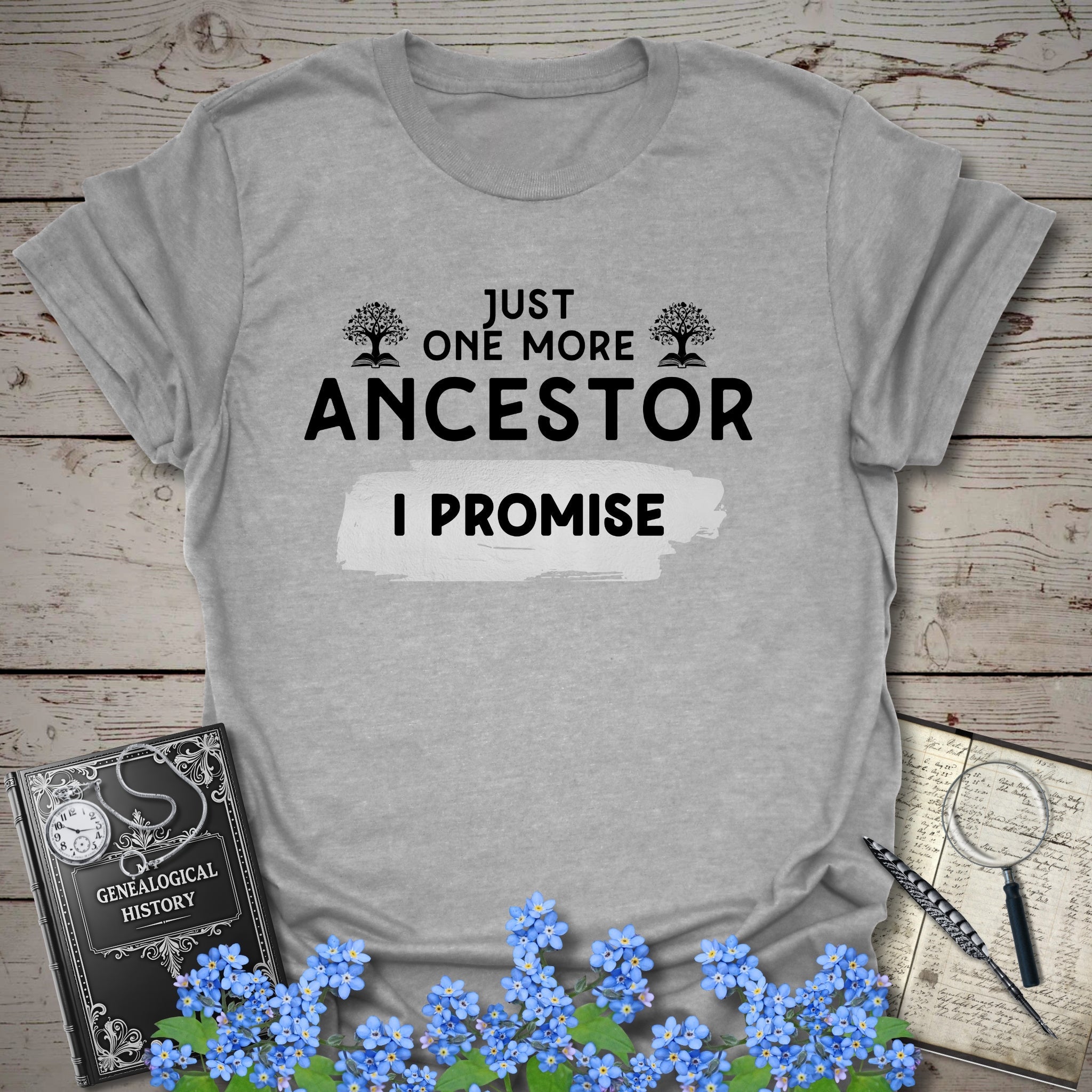 Just One More Ancestor T-Shirt in Sport Grey by Genealogy Keepsakes