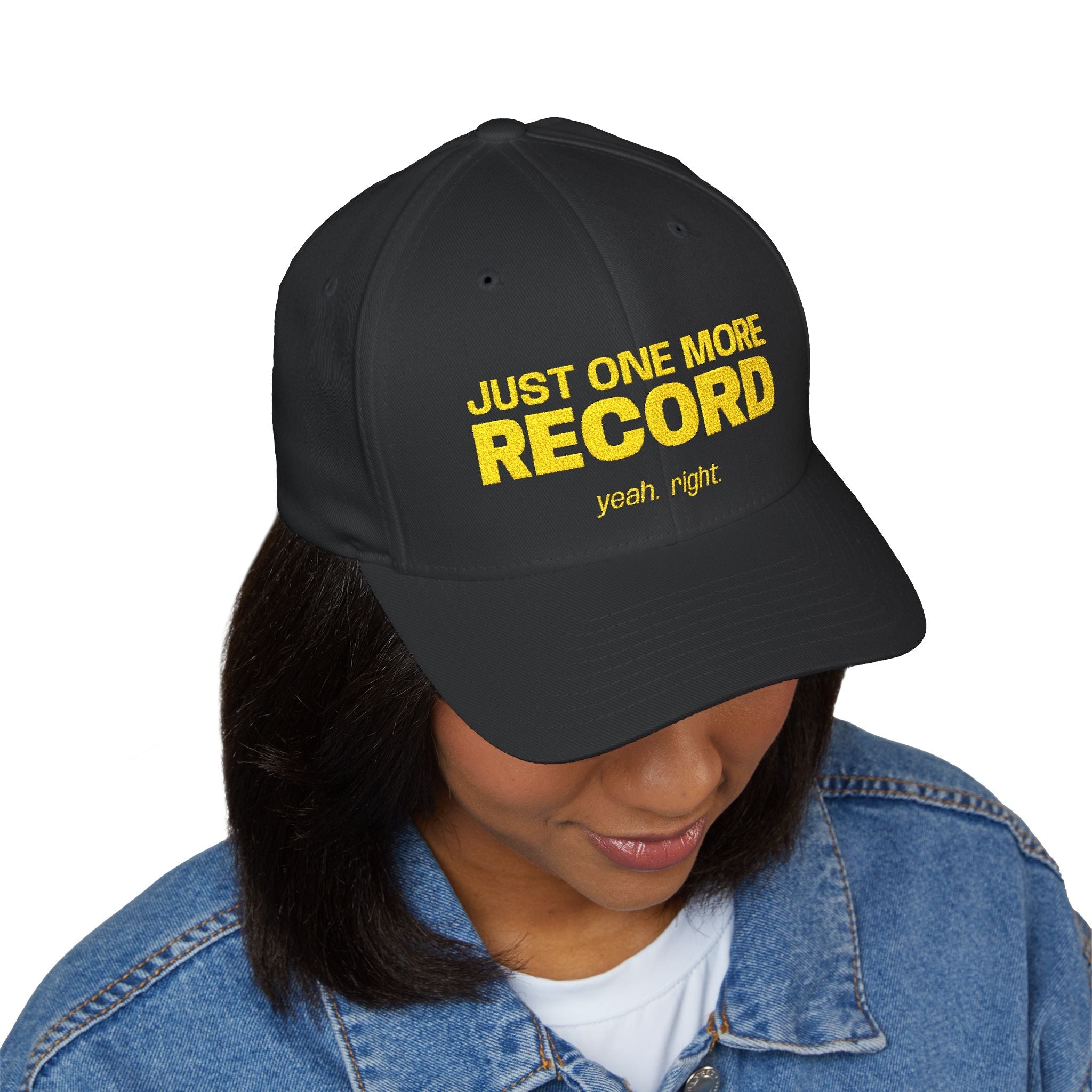 Just One More Record Embroidered Cap in Black by Genealogy Keepsakes