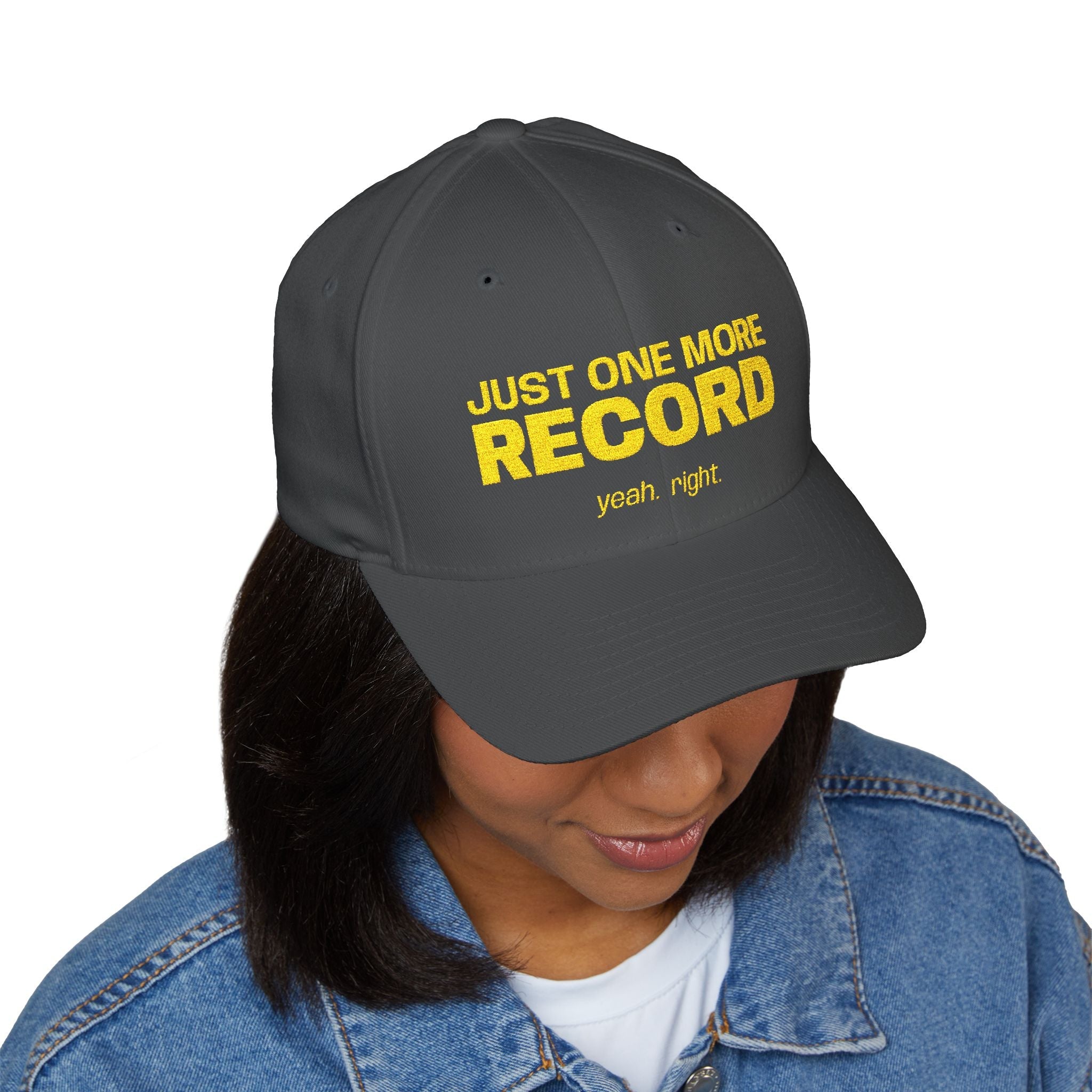 Just One More Record Embroidered Cap in Dark Grey by Genealogy Keepsakes