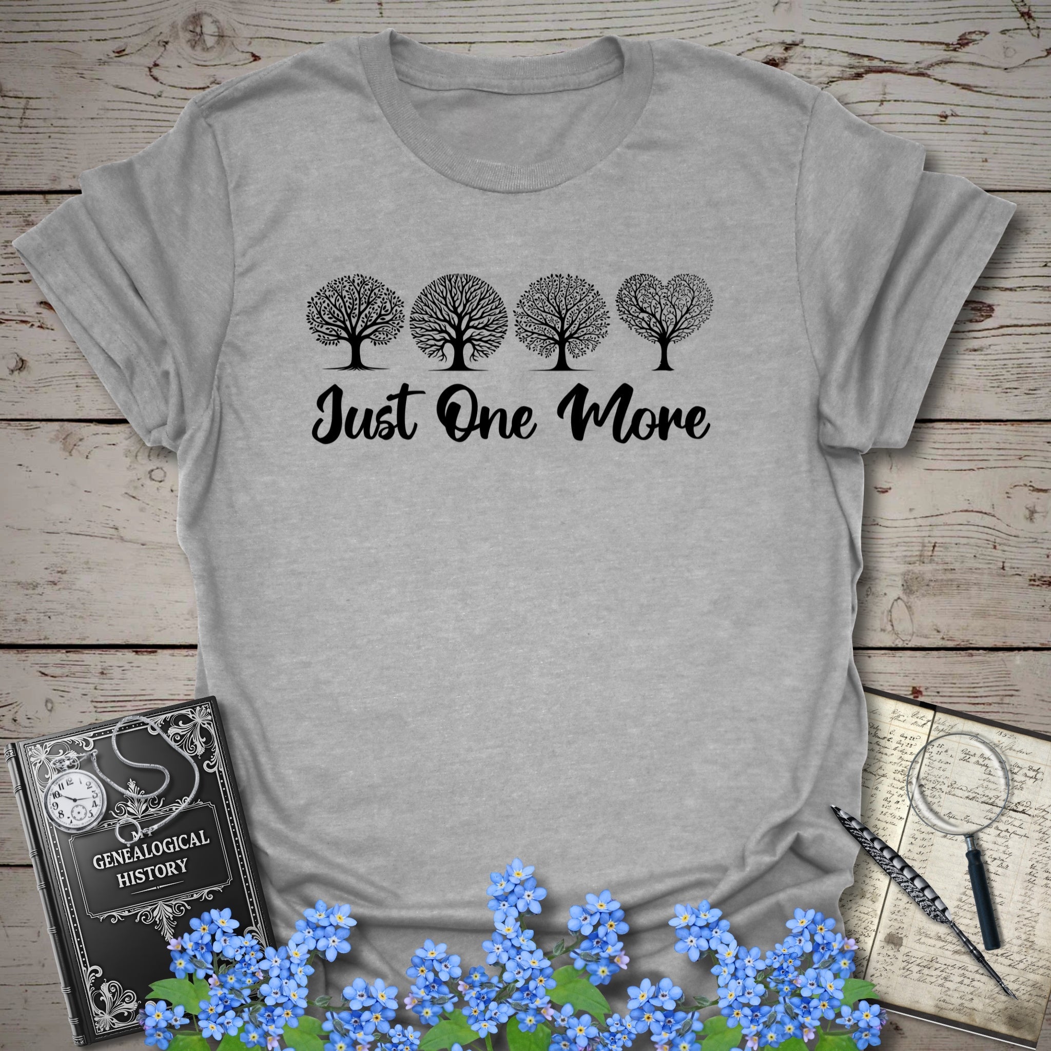 Just One More T-Shirt in Sport Grey by Genealogy Keepsakes