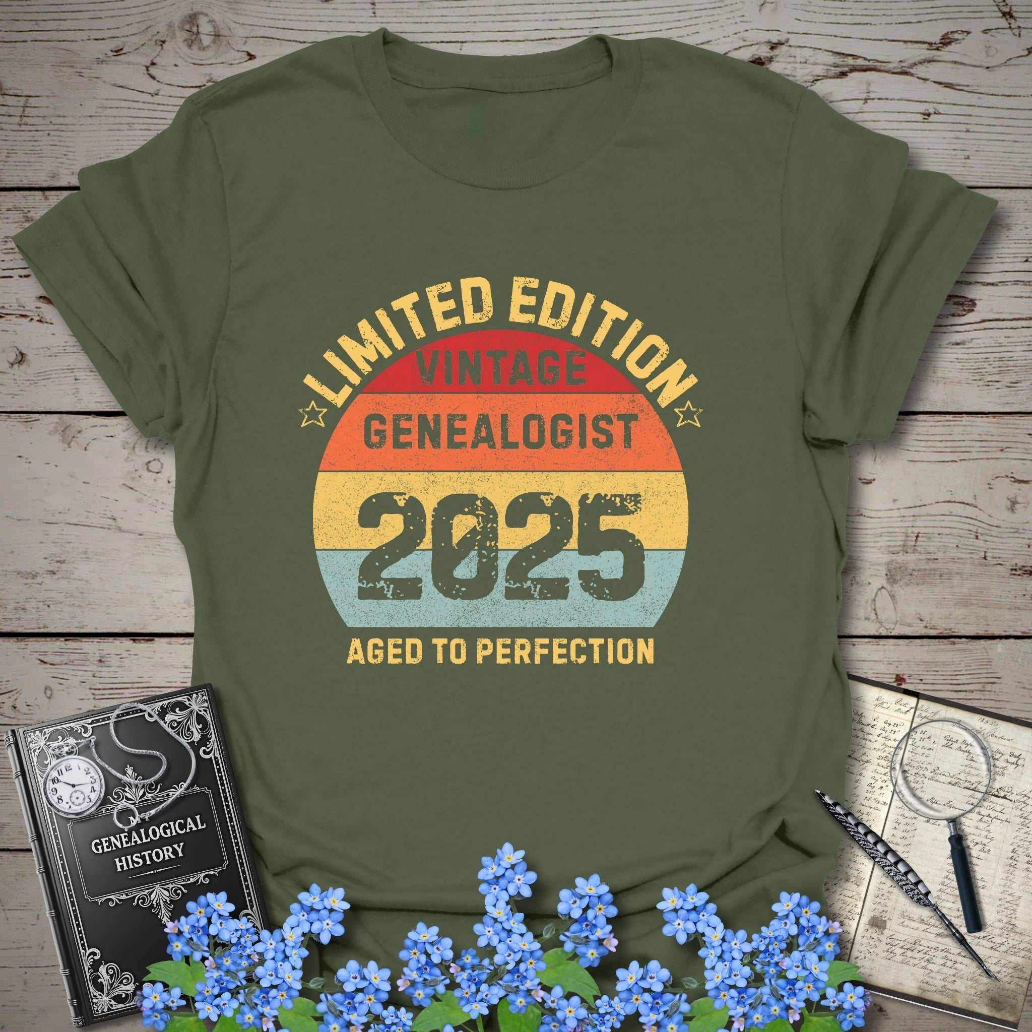 Limited Edition Vintage Genealogist T-Shirt in Military Green by Genealogy Keepsakes